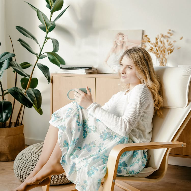 A serene, sunlit interior with minimalist ceramic decor, natural textures, and calming elements that reflect slow living and sustainability.