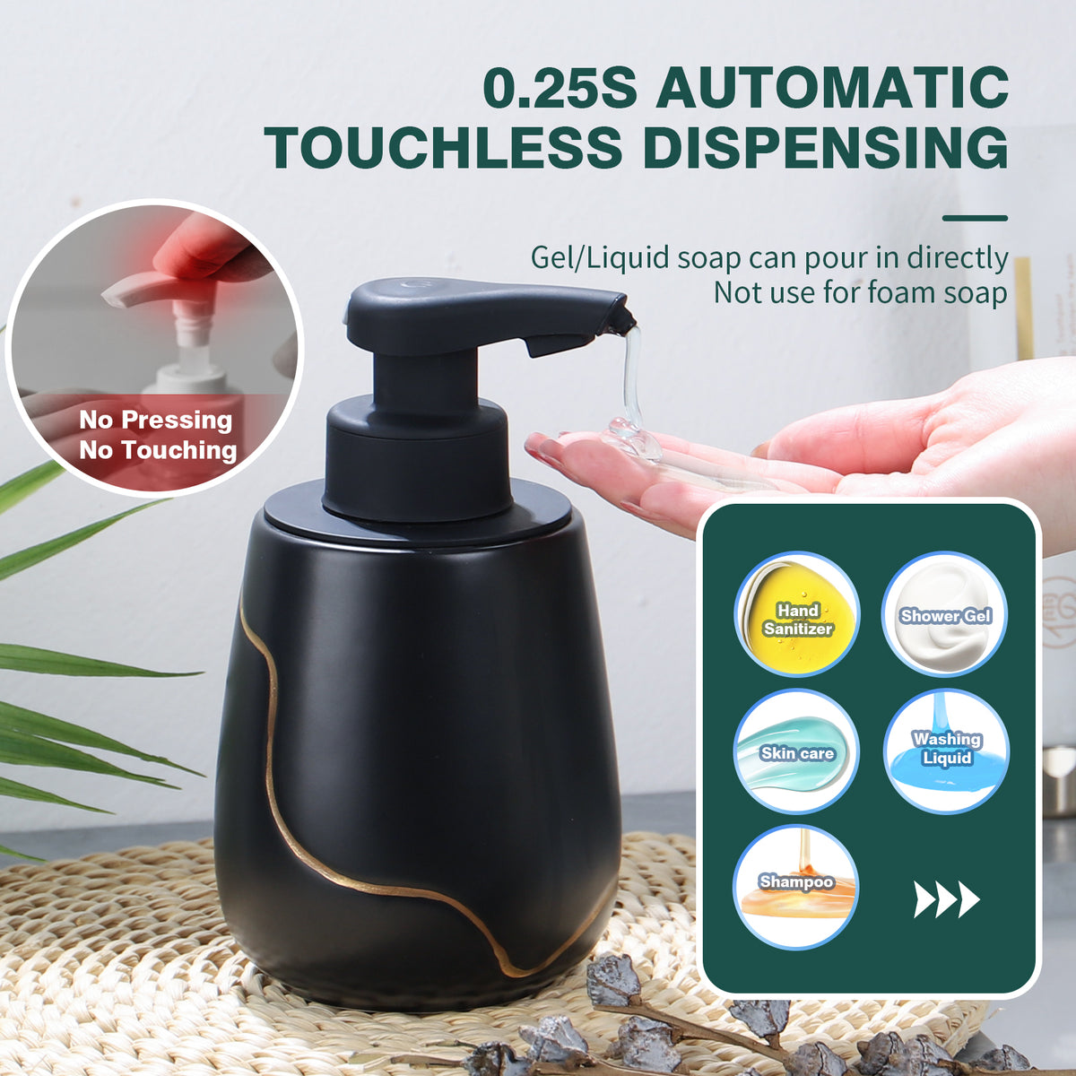 BosilunLife Nordic Garden Automatic Liquid Soap Dispenser 17 oz Recycled RebornClay™ Black