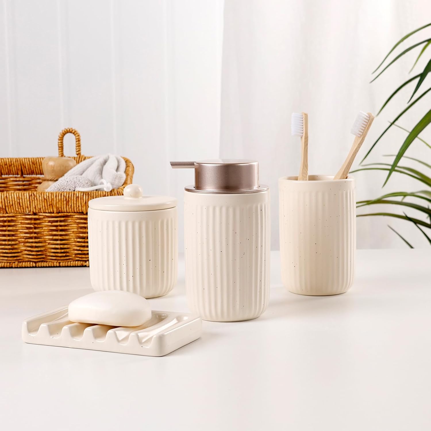 BosilunLife Badezimmer-Set, gestreift, Aprikose, 4-teilig, recycelte Keramik, Öko-Ton