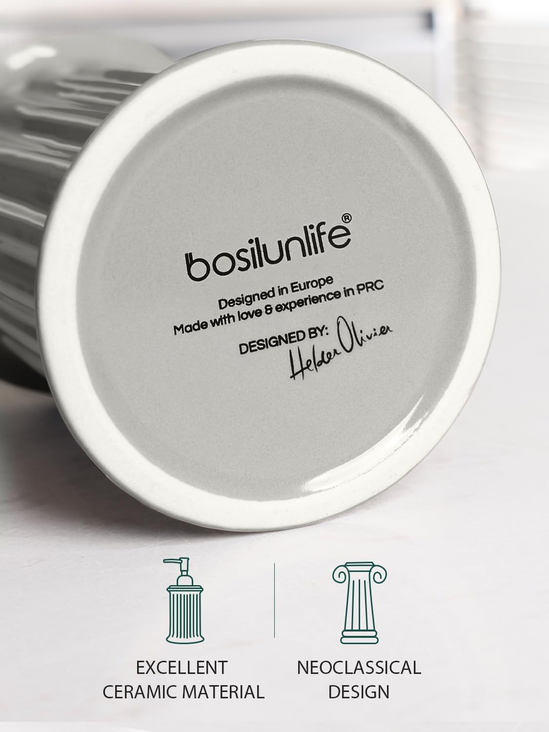 BosilunLife Roman Column Soap Dispenser Grey Recycled Ceramic Eco-Clay