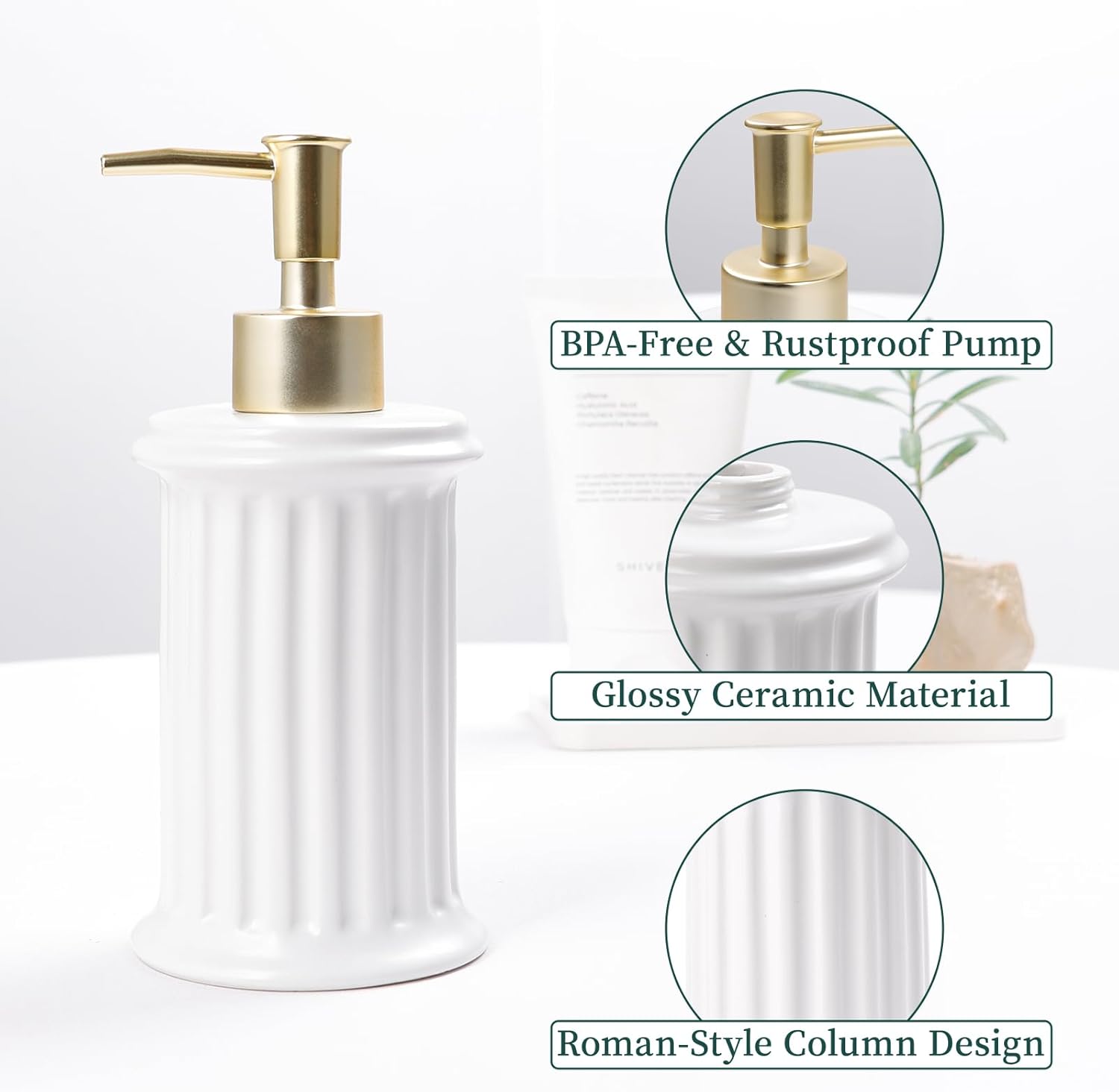 BosilunLife Roman Column Soap Dispenser White Recycled Ceramic Eco-Clay