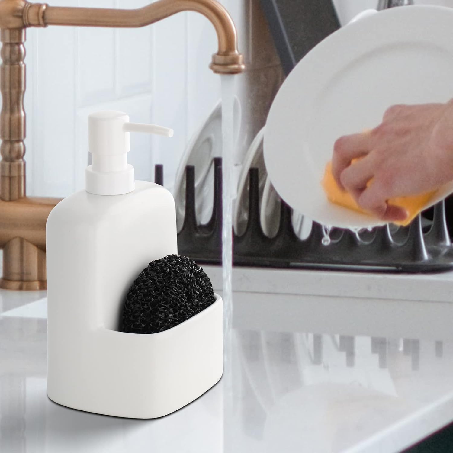 BosilunLife Soap Dispenser with Sponge Holder Liquid Recycled Ceramic Eco-Clay