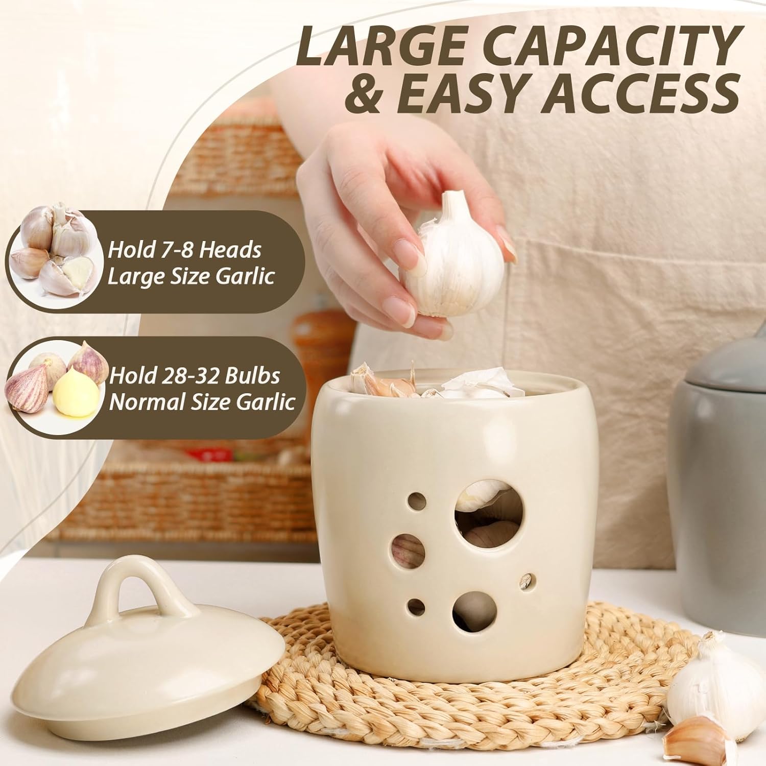 BosilunLife Ceramic Garlic Keeper – Ventilated Storage Jar to Keep Garlic Fresh Longer