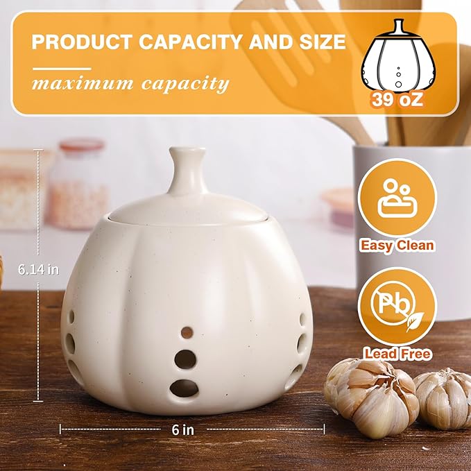 Sustainable ceramic garlic keeper jar in beige, eco-friendly and luxury kitchen storage solution