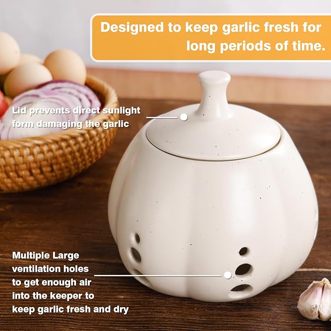 Sustainable ceramic garlic keeper jar in beige, eco-friendly and luxury kitchen storage solution
