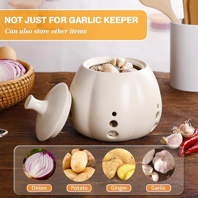 Sustainable ceramic garlic keeper jar in beige, eco-friendly and luxury kitchen storage solution