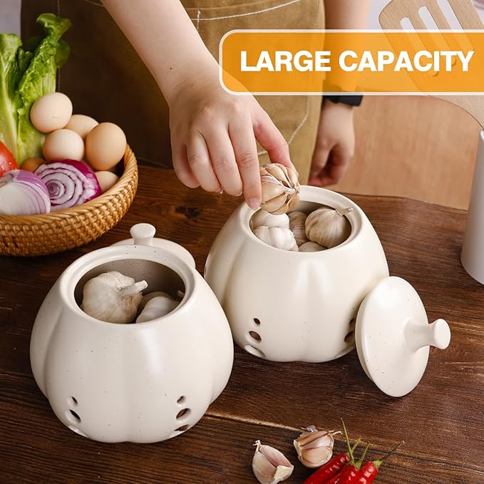 Sustainable ceramic garlic keeper jar in beige, eco-friendly and luxury kitchen storage solution