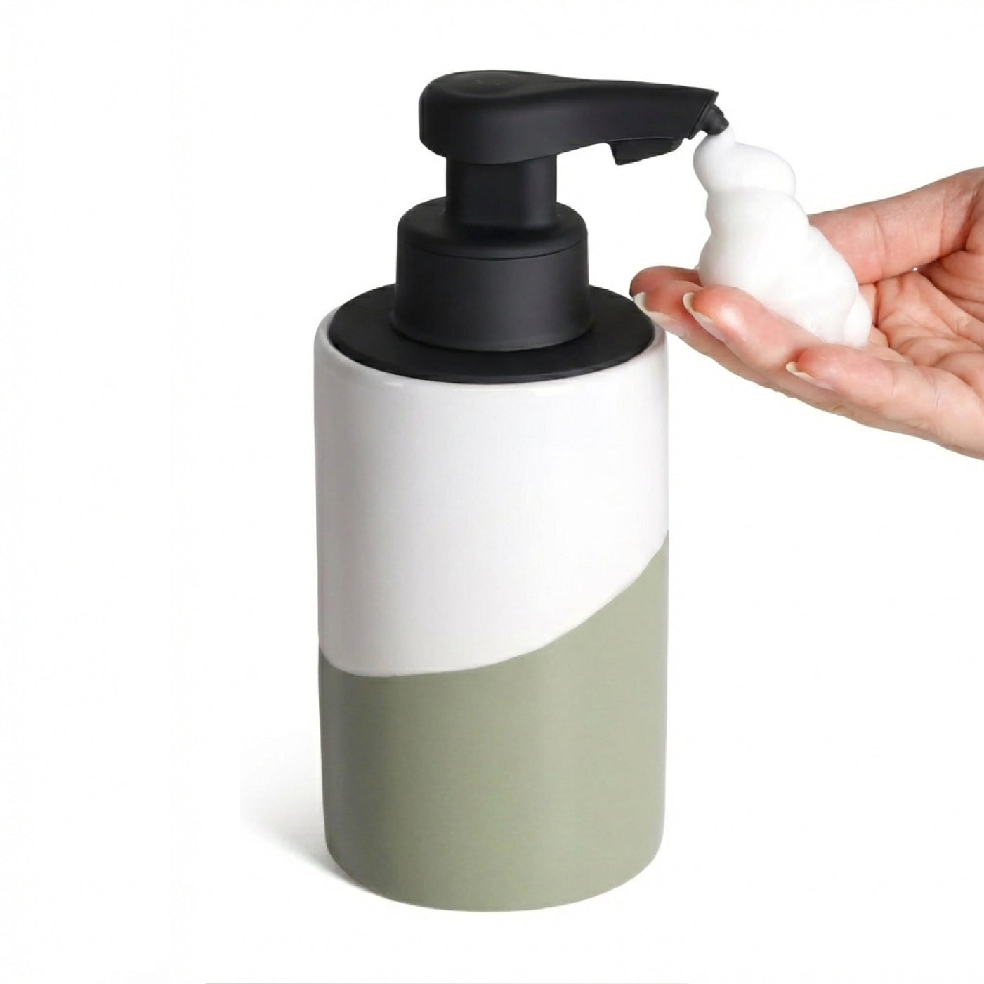 BosilunLife white and green recycled ceramic eco-clay automatic soap dispenser dispensing foam soap into a hand.