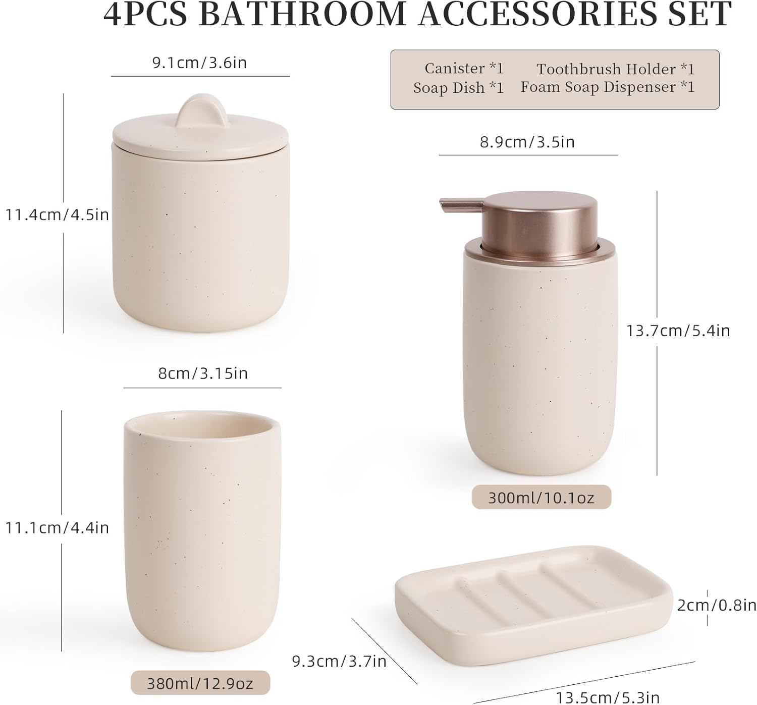 4-piece bathroom accessories set with dimensions and product names on a white background