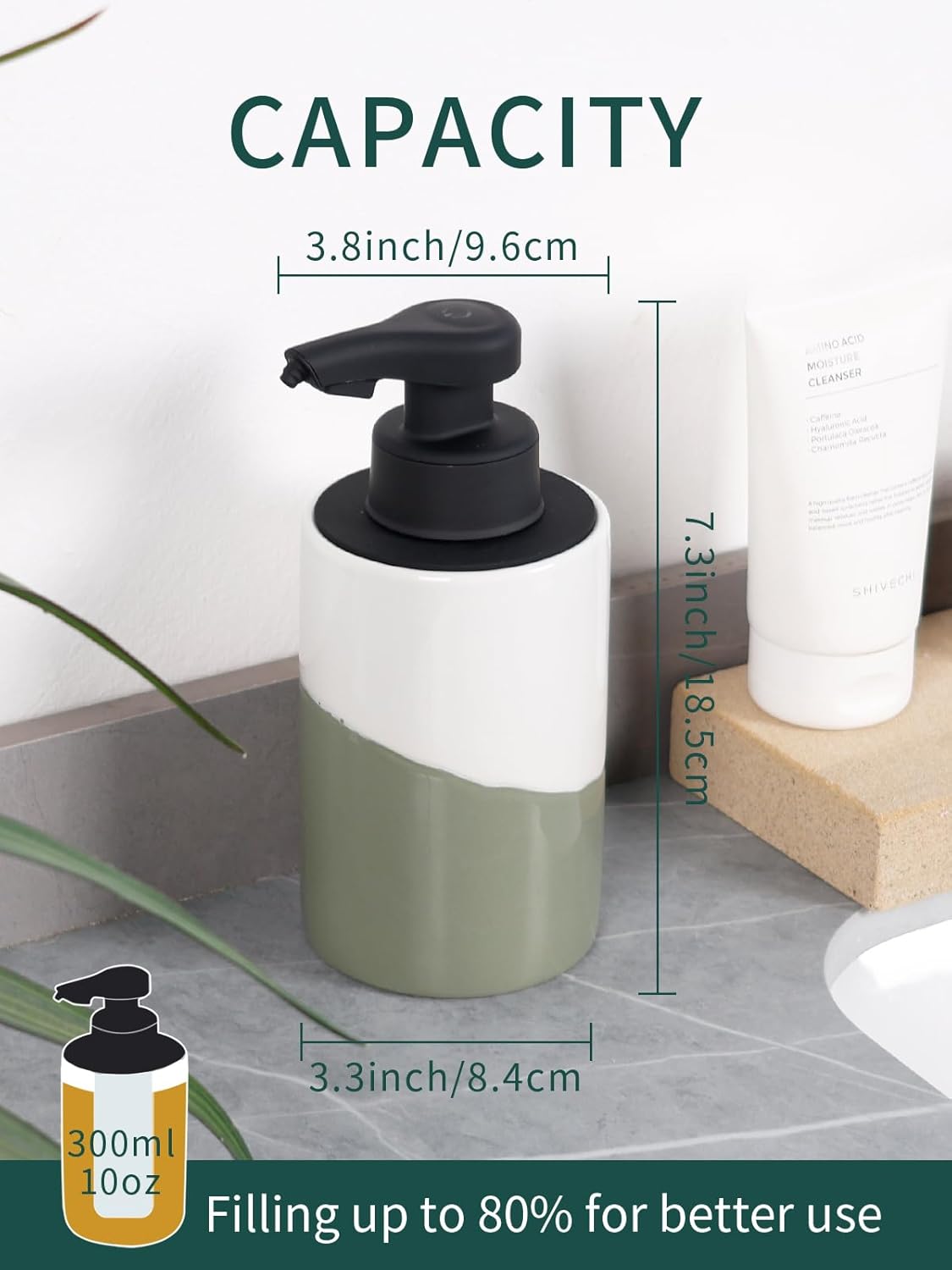 Green and white soap dispenser with pump on a bathroom counter, showing dimensions and capacity details.