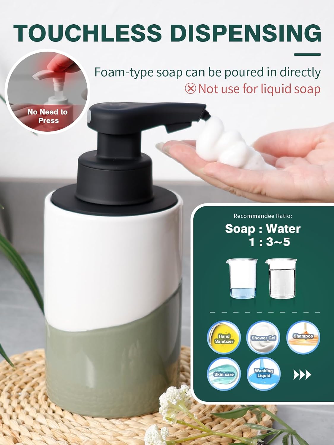 Foam soap dispenser with pump and usage instructions on a neutral background