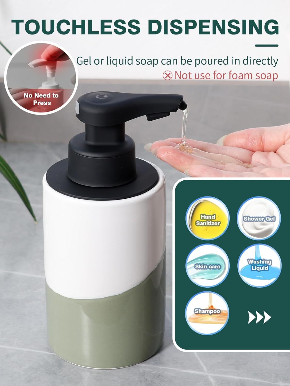 Touchless dispensing soap pump with usage instructions and product applications on a gray background