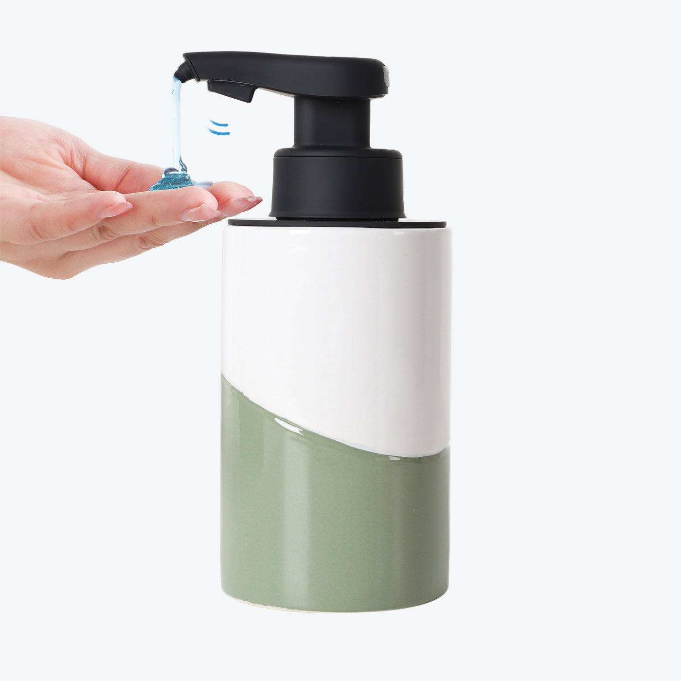 Green and white soap dispenser with pump being used on a white background