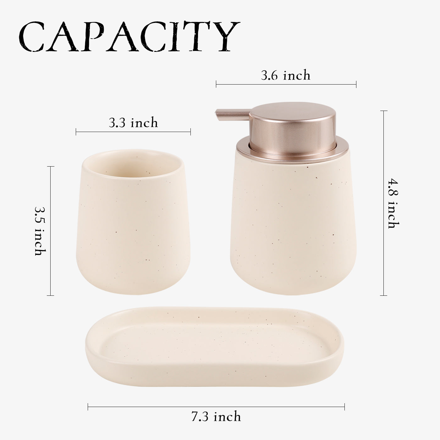 Technical dimension graphic for the BosilunLife 3-piece liquid bathroom set in matte black, crafted from GRS-certified recycled ceramic eco-clay. The 12 oz (350ml) dispenser measures 12.5cm in height and 9.2cm in width. The set includes a matching tumbler (9cm height) and a coordinated tray (18.5cm length). Overlay text provide essential refill instructions, recommending a 20% free-space margin for optimal pump performance.