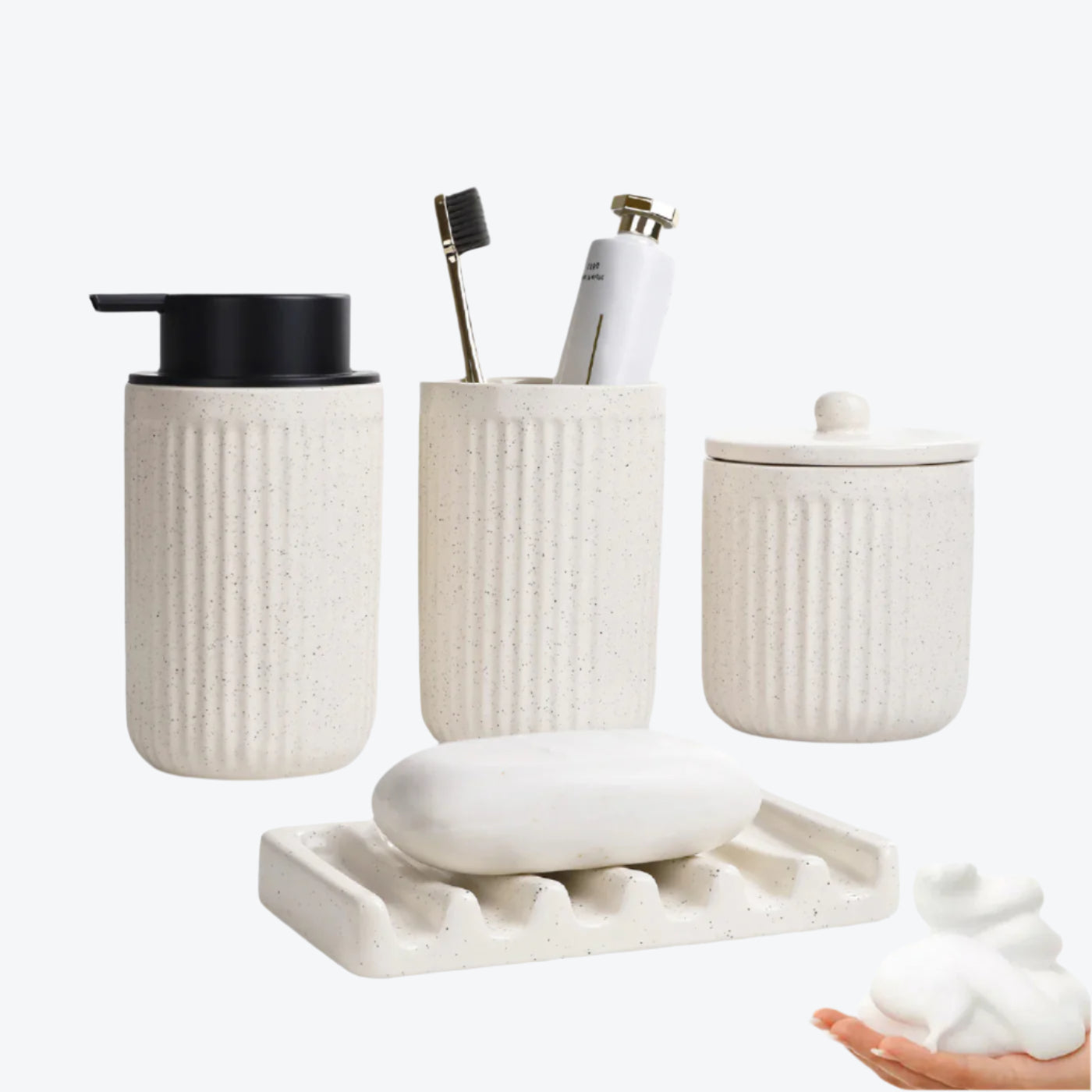 BosilunLife Pockmark 4-teiliges schäumendes Badezimmer-Set aus recycelter Keramik, Öko-Ton