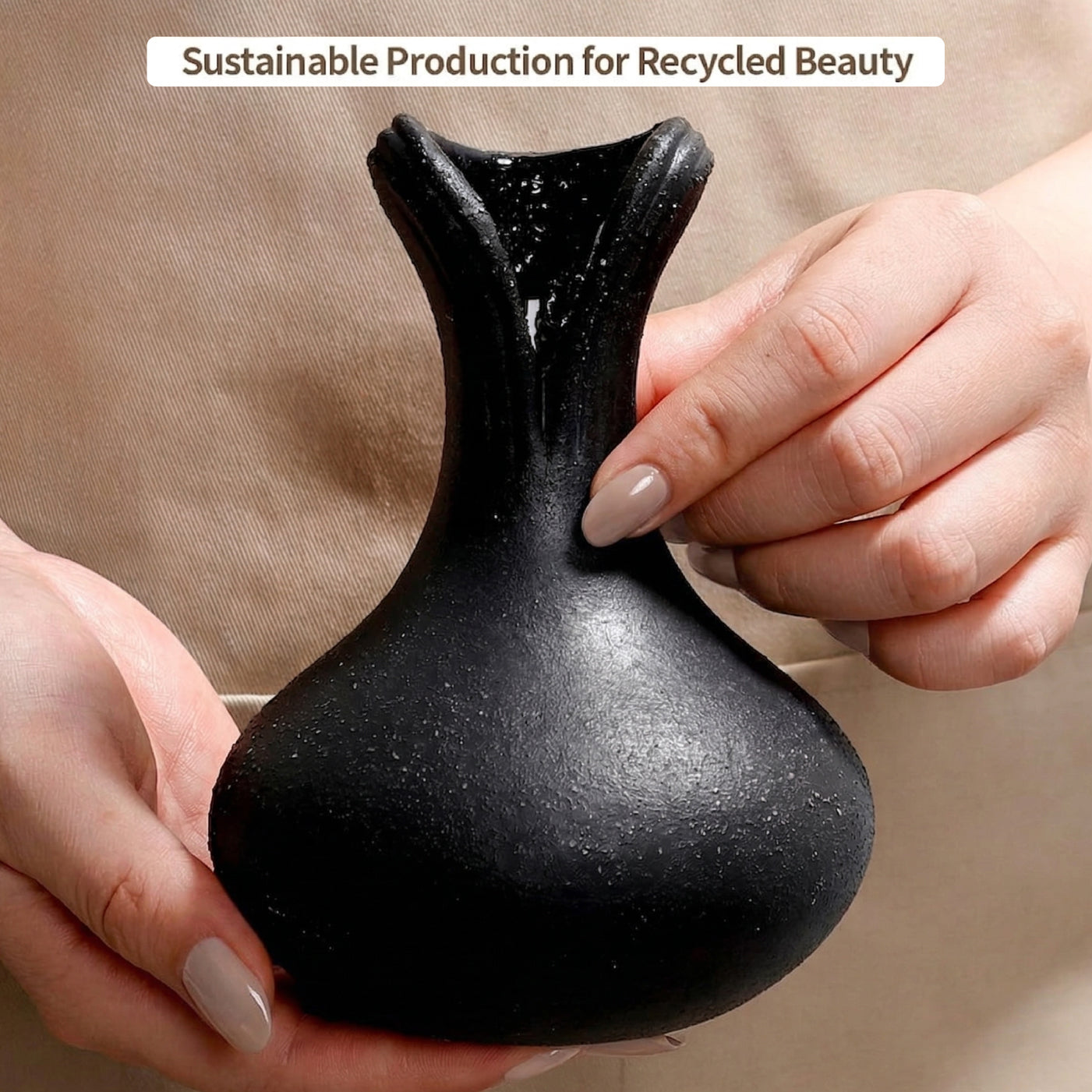 Close-up of a person's hands holding the BosilunLife sculptural black flower vase against a beige apron, demonstrating its compact tabletop scale. The image highlights the tactile, speckled texture of the matte black recycled eco-clay. A text overlay reads 'Sustainable Production for Recycled Beauty', emphasising its eco-friendly craftsmanship.