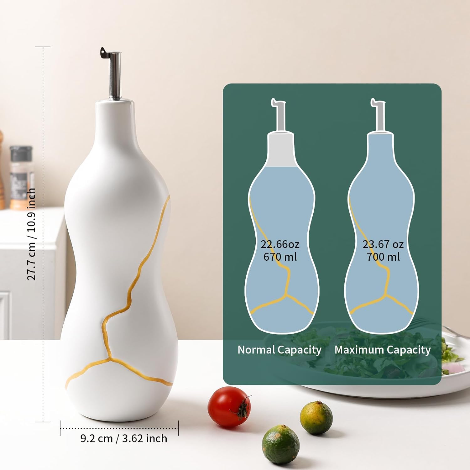 Technical dimension chart for the BosilunLife ceramic oil dispenser cruet in matte white with Kintsugi-inspired gold detailing. The graphic details the bottle's physical footprint: 27.7 centimetres (10.9 inches) tall including the stainless steel spout, with a base width of 9.2 centimetres (3.62 inches). A green informational panel illustrates fill levels, indicating a 'Normal Capacity' of 670 ml (22.66 oz) and a 'Maximum Capacity' of 700 ml (23.67 oz).