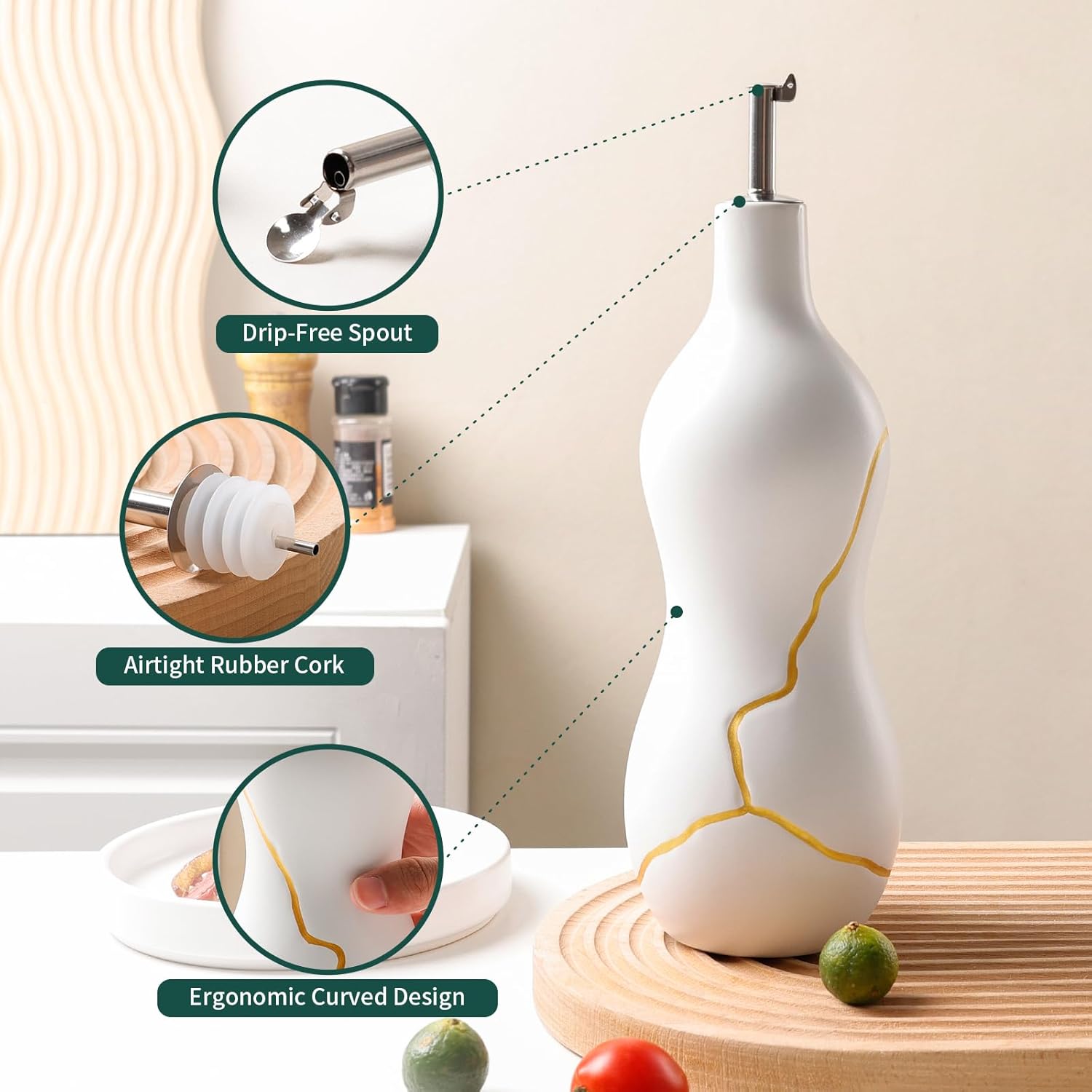 Feature breakdown graphic of the BosilunLife ceramic oil dispenser cruet in matte white with Kintsugi-style gold detailing. Styled on a ribbed wooden board, three circular callouts highlight key functional benefits: a 'Drip-Free Spout' featuring a stainless steel gravity pourer, an 'Airtight Rubber Cork' displaying a ribbed silicone seal to preserve freshness, and an 'Ergonomic Curved Design' showing a hand comfortably gripping the bottle's sculpted waist.