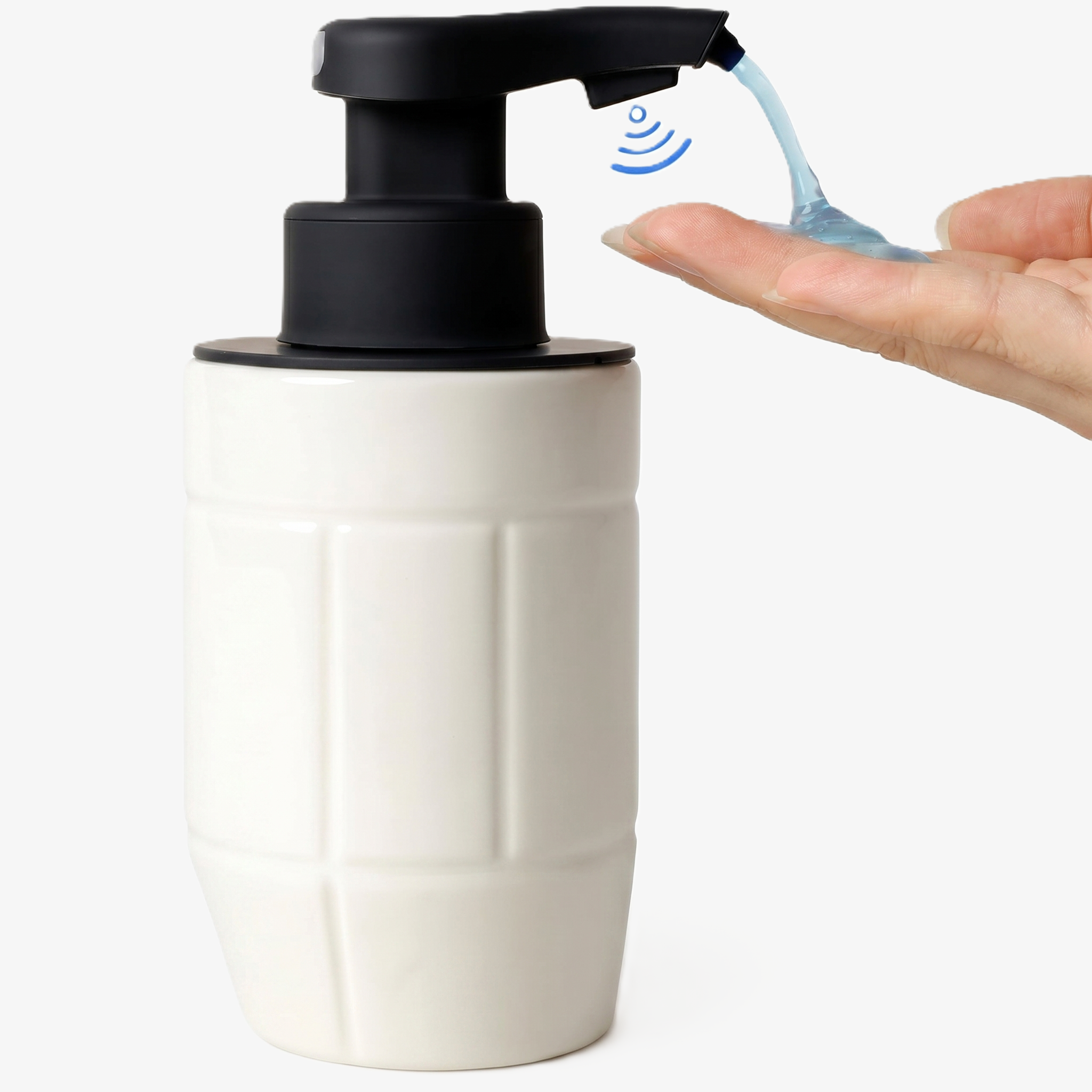 An action shot demonstrating the BosilunLife Eco-Brutalism Automatic Liquid Soap Dispenser in a matte white finish with a contrasting matte black touchless pump. The architectural, grid-patterned block vessel is crafted from GRS-certified recycled ceramic eco-clay. A hand is positioned beneath the smart infrared sensor, indicated by a blue graphic wave overlay, as it automatically dispenses liquid soap. This touchless design reflects Scandinavian efficiency and a commitment to a sustainable circular economy
