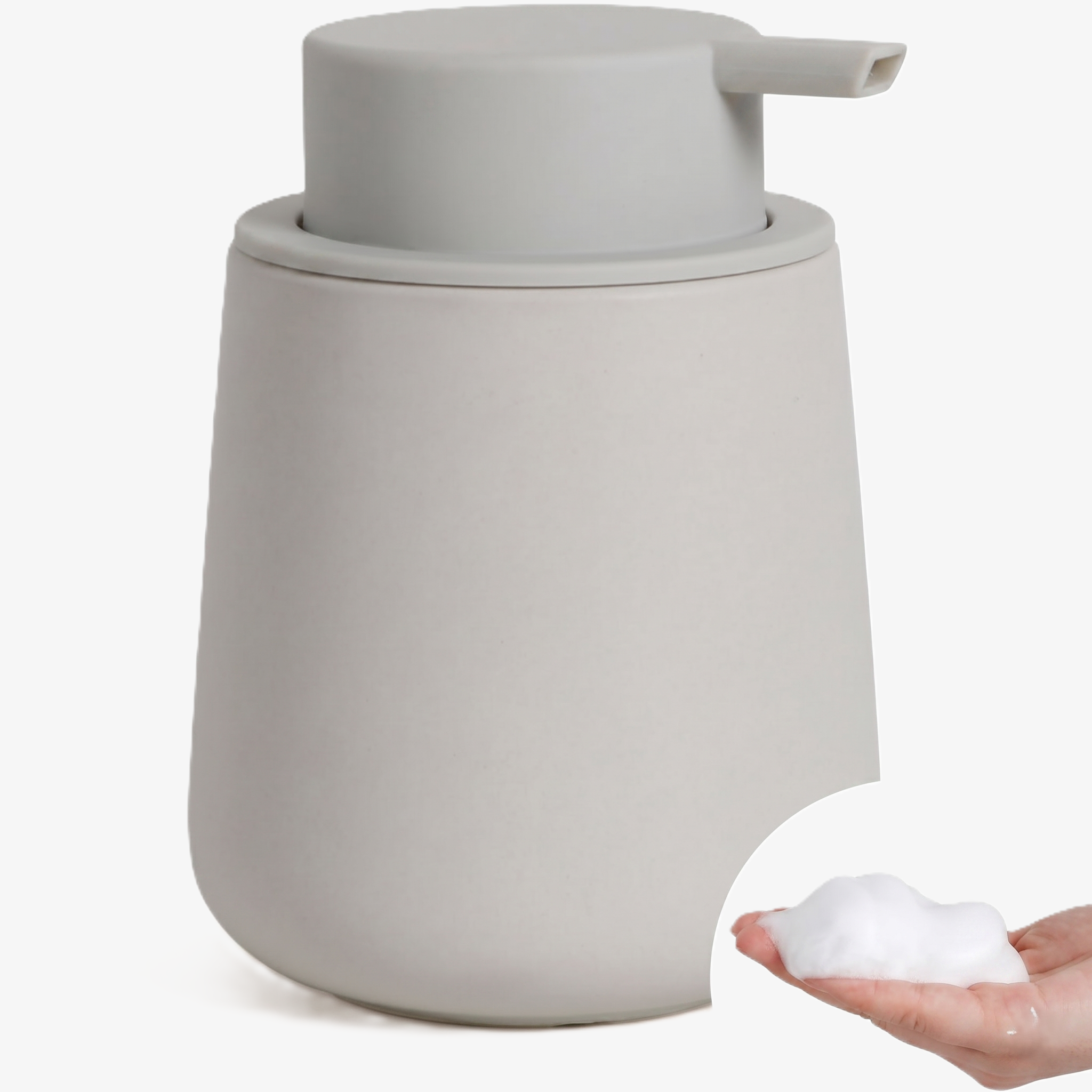 A BosilunLife eco-luxury foaming soap dispenser in a monochromatic seafoam grey finish, crafted from GRS-certified recycled ceramic eco-clay. The organic, rounded 12 oz (350ml) vessel is topped with a matching wide-head matte pump and features an inset showing rich, velvety white foam held in a hand. This piece reflects Scandinavian functionality and 'Restorative Minimalism,' supporting a water-saving circular economy and mindful washroom organisation.