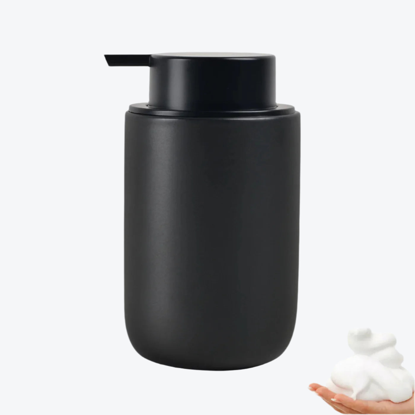 Black soap dispenser with a pump on a white background