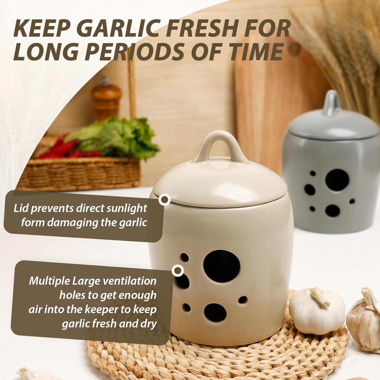 Garlic keeper with lid and ventilation holes on a kitchen counter, surrounded by garlic and vegetables.