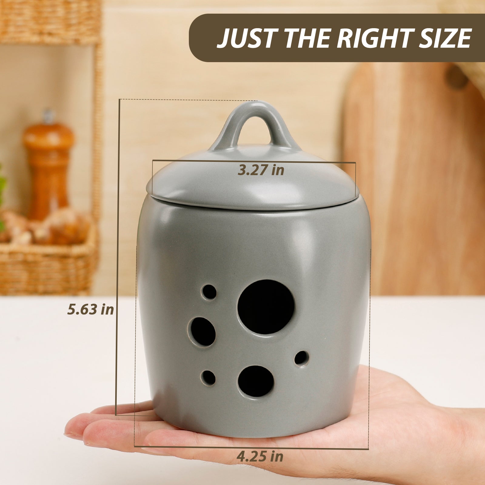 Technical dimension chart for the BosilunLife ceramic garlic jar in cool grey recycled eco-clay. A banner reads 'JUST THE RIGHT SIZE' as the perforated keeper rests comfortably in a person's palm to demonstrate scale. The graphic details exact measurements: 14.3 centimetres (5.63 inches) tall, a 10.8 centimetre (4.25 inch) wide base, and an 8.3 centimetre (3.27 inch) top opening, styled against a warm wooden kitchen backdrop.