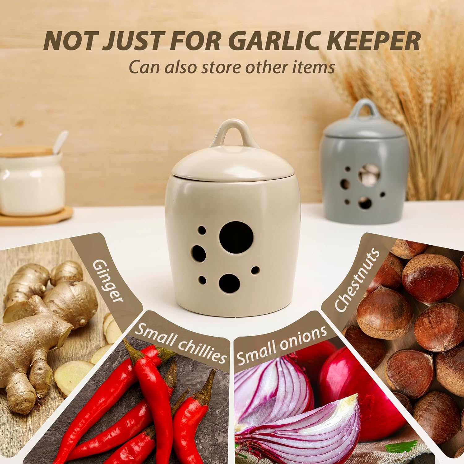 Promotional graphic for the BosilunLife ceramic storage jar in recycled eco-clay. A banner reads 'NOT JUST FOR GARLIC KEEPER: Can also store other items.' The smooth ecru perforated jar sits centrally, with the cool grey variant in the background. Below the jar, a fan of four inset photos highlights versatile worktop storage uses, explicitly labelling and showing fresh 'Ginger', vibrant red 'Small chillies', sliced 'Small onions', and whole 'Chestnuts'.