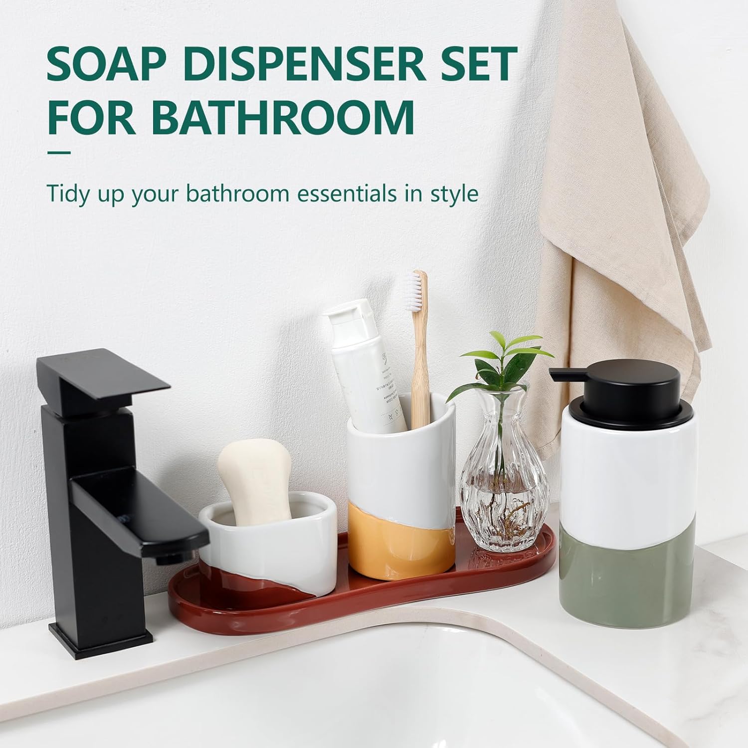 In-situ lifestyle promotional graphic of the BosilunLife Waves 4-piece ceramic set styled for washroom organisation. A text banner reads 'SOAP DISPENSER SET FOR BATHROOM - Tidy up your bathroom essentials in style.' Resting on a white washbasin next to a modern matte black tap, the terracotta tray holds a white and terracotta soap dish, a white and mustard toothbrush holder, a small glass vase, and a white and sage green liquid soap dispenser.