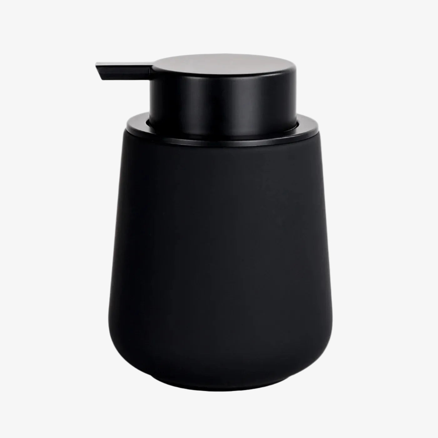 Black soap dispenser on a white background