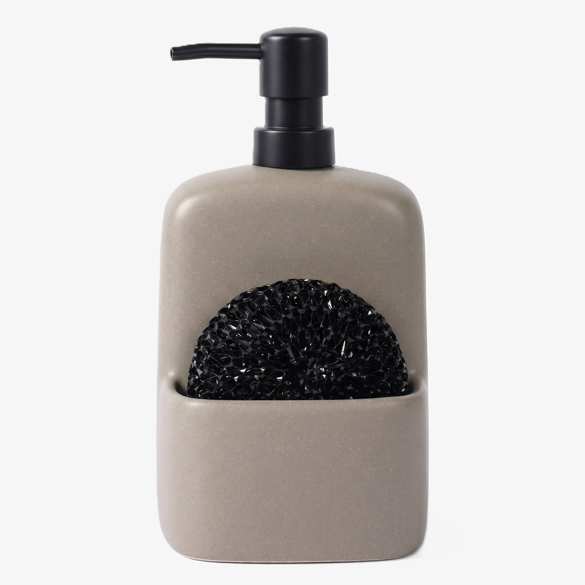 BosilunLife 2-in-1 kitchen soap dispenser and integrated sponge caddy in a matte stone grey finish. Crafted from sustainable recycled eco-clay, the minimalist ceramic vessel features a matte black pump and a built-in front holder containing a black mesh scouring pad. Shown against a clean white background, this space-saving kitchen sink organiser provides a sophisticated and organic solution for modern worktops.