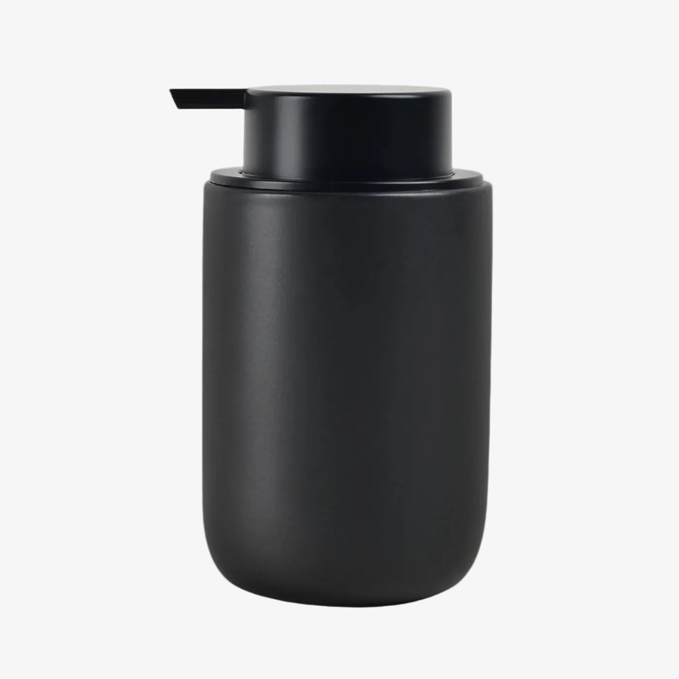 Black soap dispenser on a white background