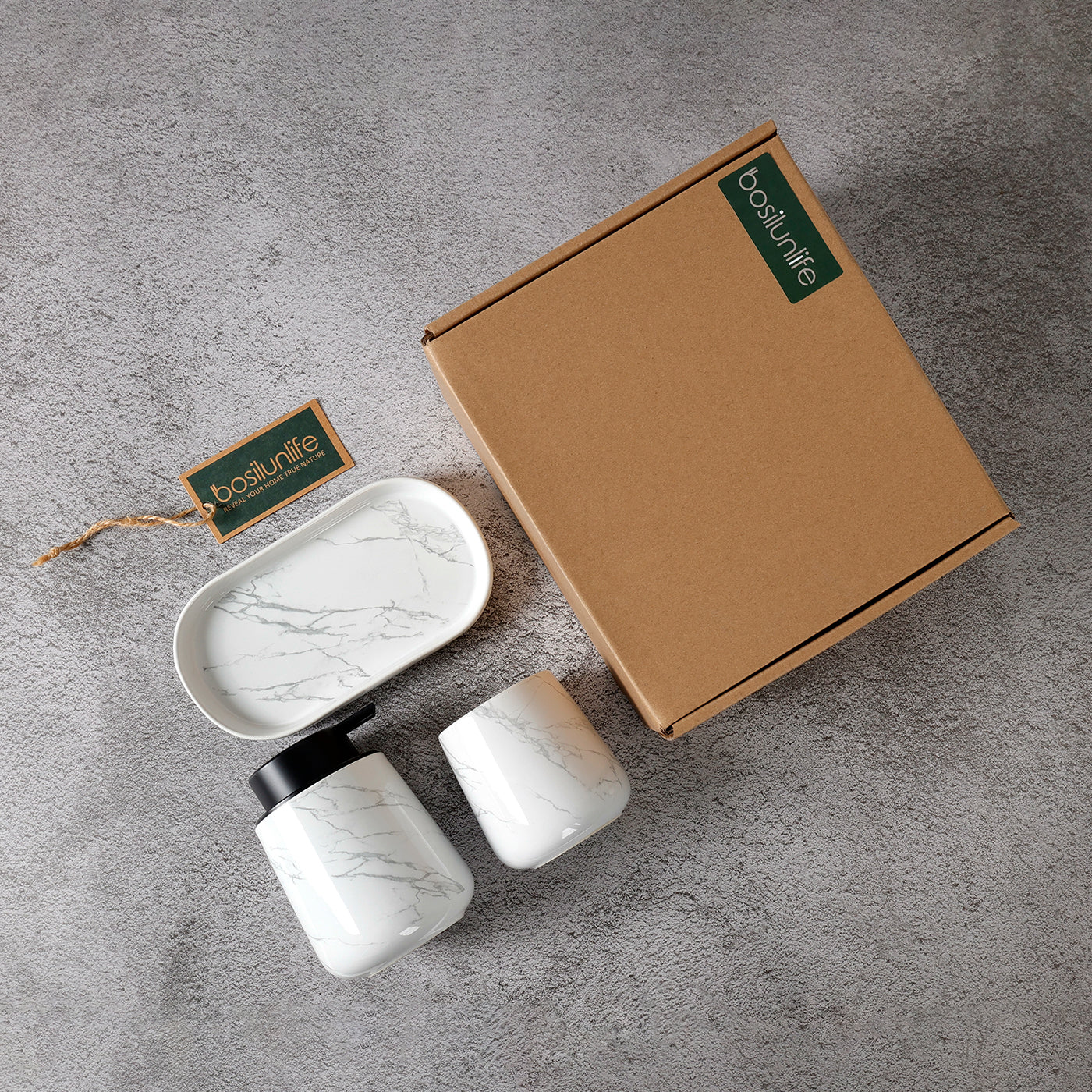 Marble-patterned ceramic items with a cardboard box on a gray surface, featuring 'bowlunlife' branding.