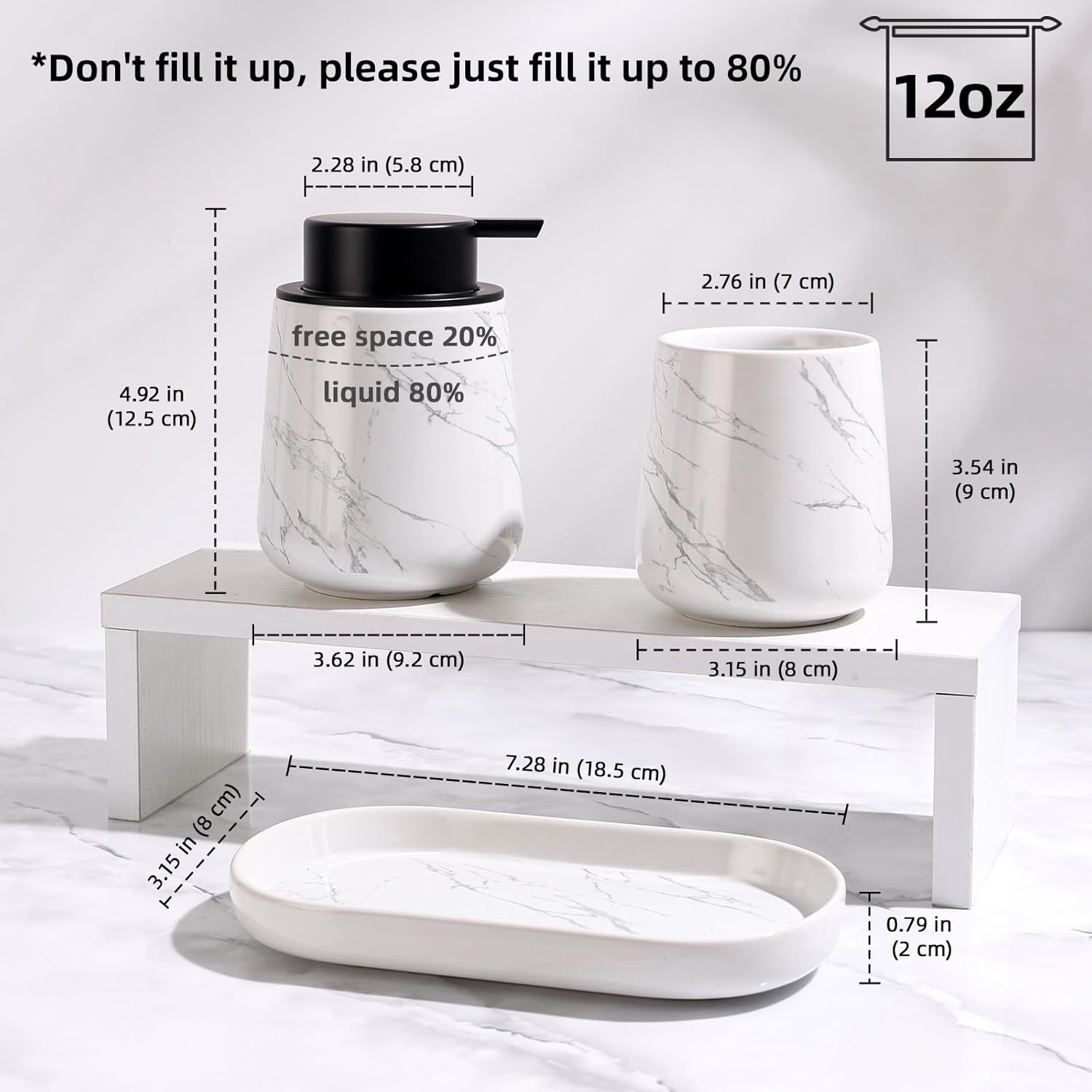 Dimensions and capacity infographic for the BosilunLife Marble 3-piece recycled eco-clay bathroom set, detailing its 12 oz capacity and 80 percent liquid fill recommendation.