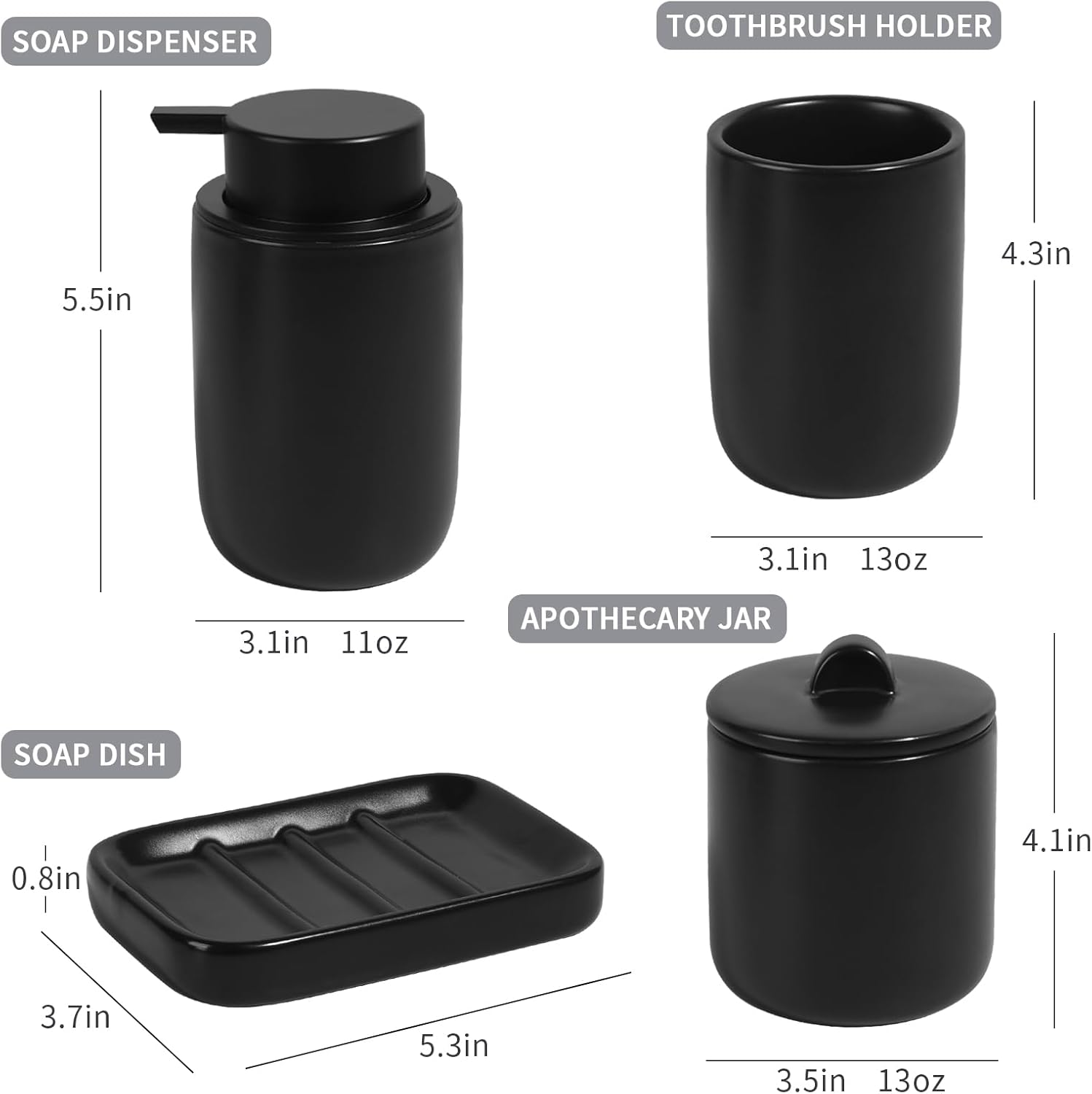 Technical dimension chart for the BosilunLife 4-piece matte black bathroom accessory set. Features measurements for the 11 oz manual soap dispenser (5.5 in height), 13 oz toothbrush holder (4.3 in height), 13 oz lidded apothecary jar (4.1 in height), and the rectangular soap dish (5.3 in length by 3.7 in width). All pieces are shown in sleek matte black recycled eco-clay.
