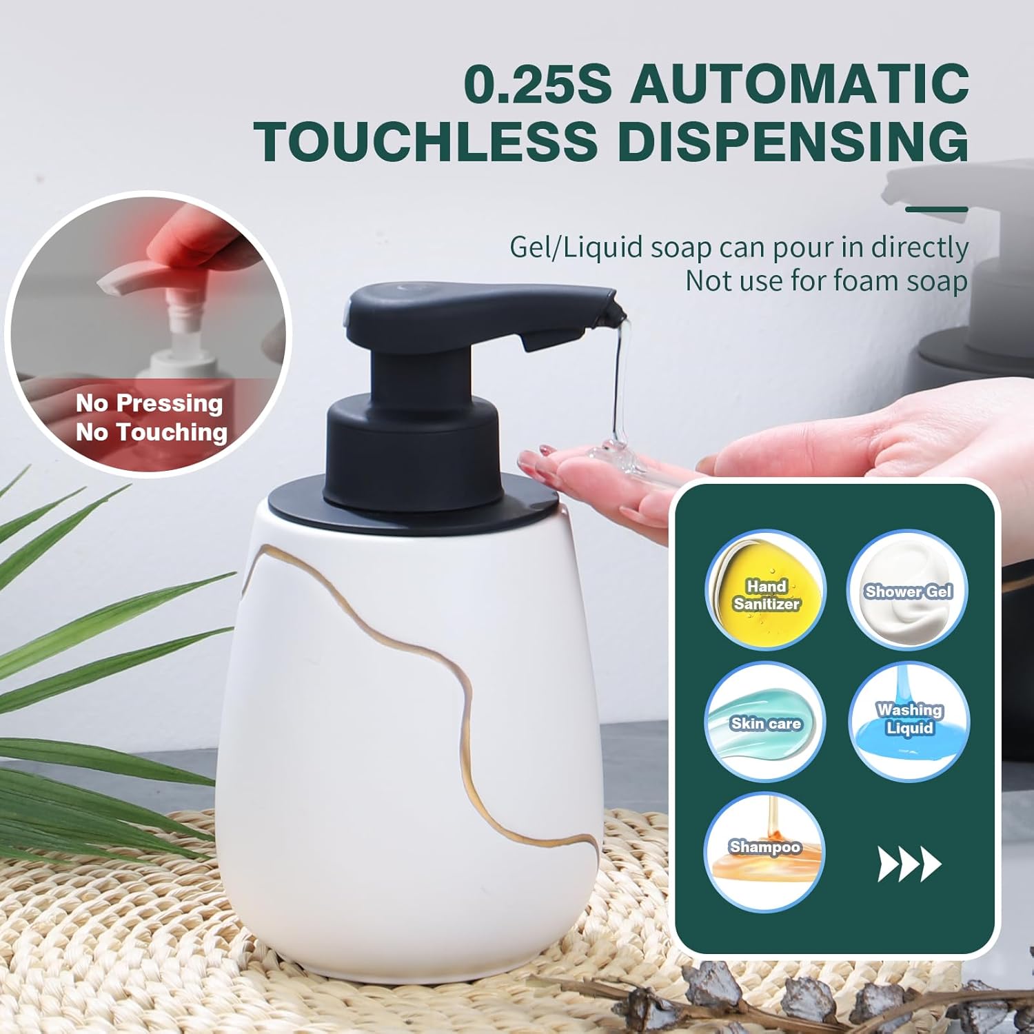 BosilunLife Nordic Garden eco-clay automatic touchless soap dispenser infographic, highlighting 0.25-second dispensing and compatibility with gel and liquid soaps, but not foam.