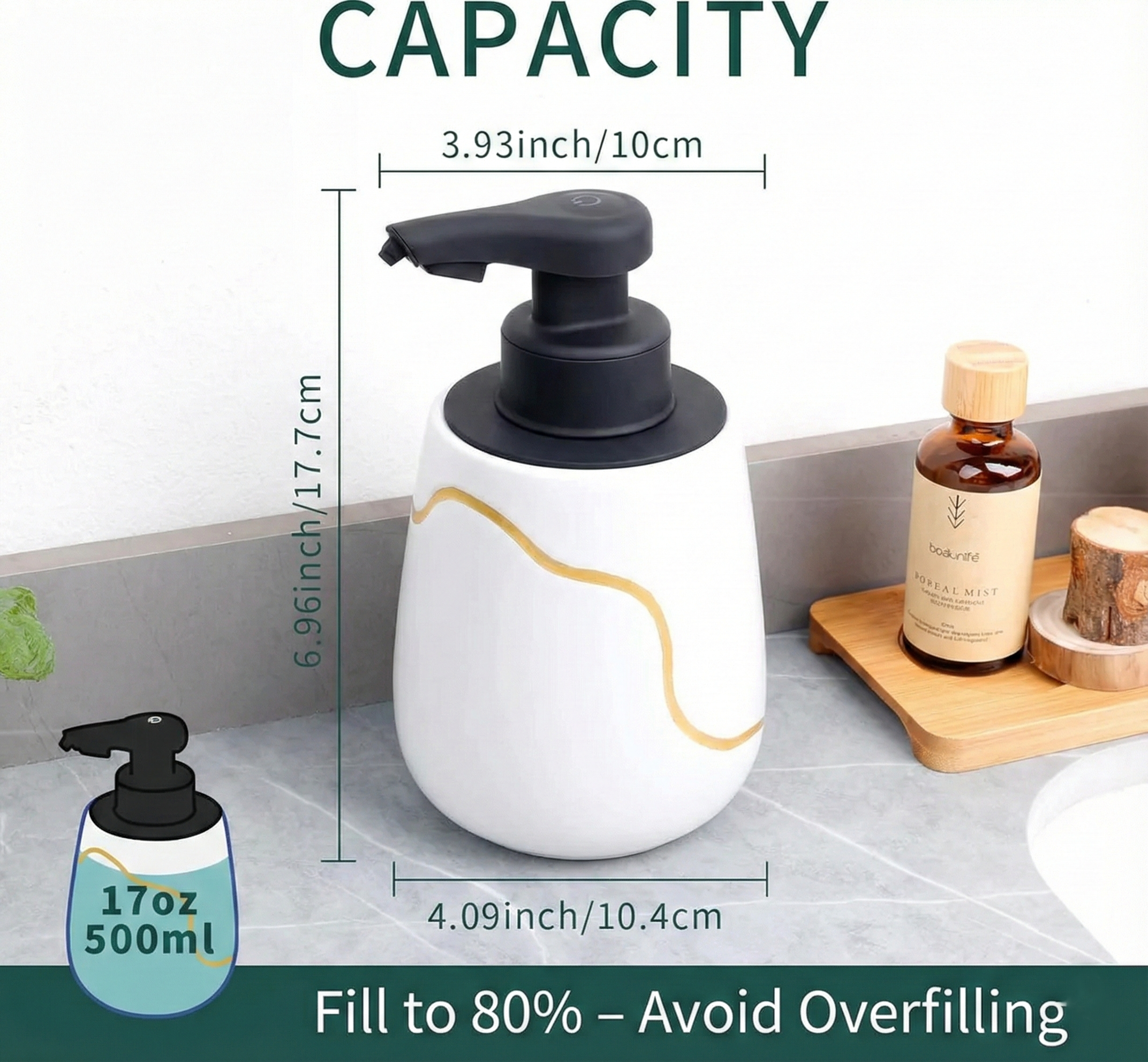 Dimensions and capacity guide for the BosilunLife Nordic Garden eco-clay automatic soap dispenser, showing a 17oz or 500ml capacity, measuring 6.96 inches tall, and advising to fill to 80%.
