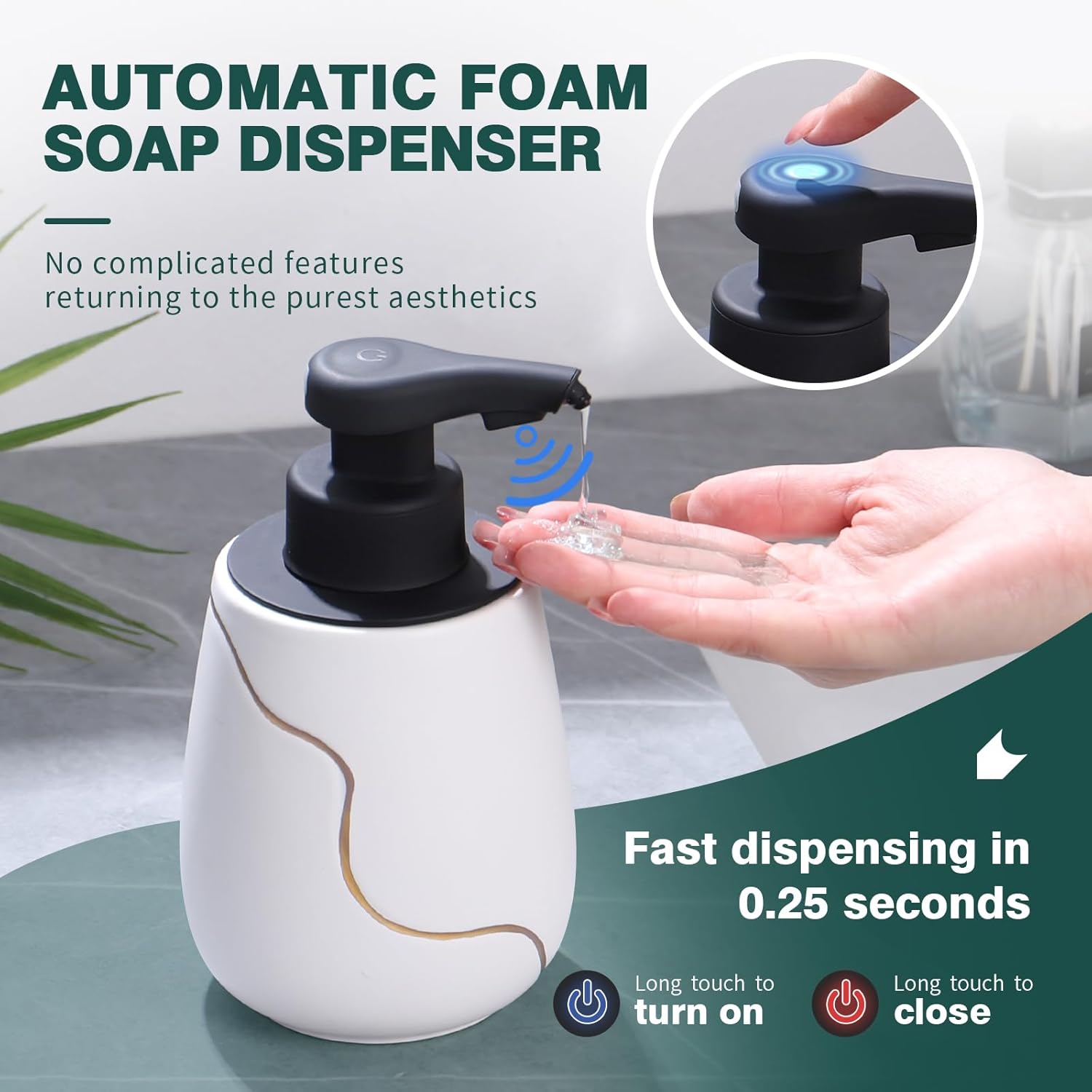 Infographic for the BosilunLife Nordic Garden eco-clay automatic foam soap dispenser, highlighting its 0.25-second fast dispensing sensor and simple long-touch power button.