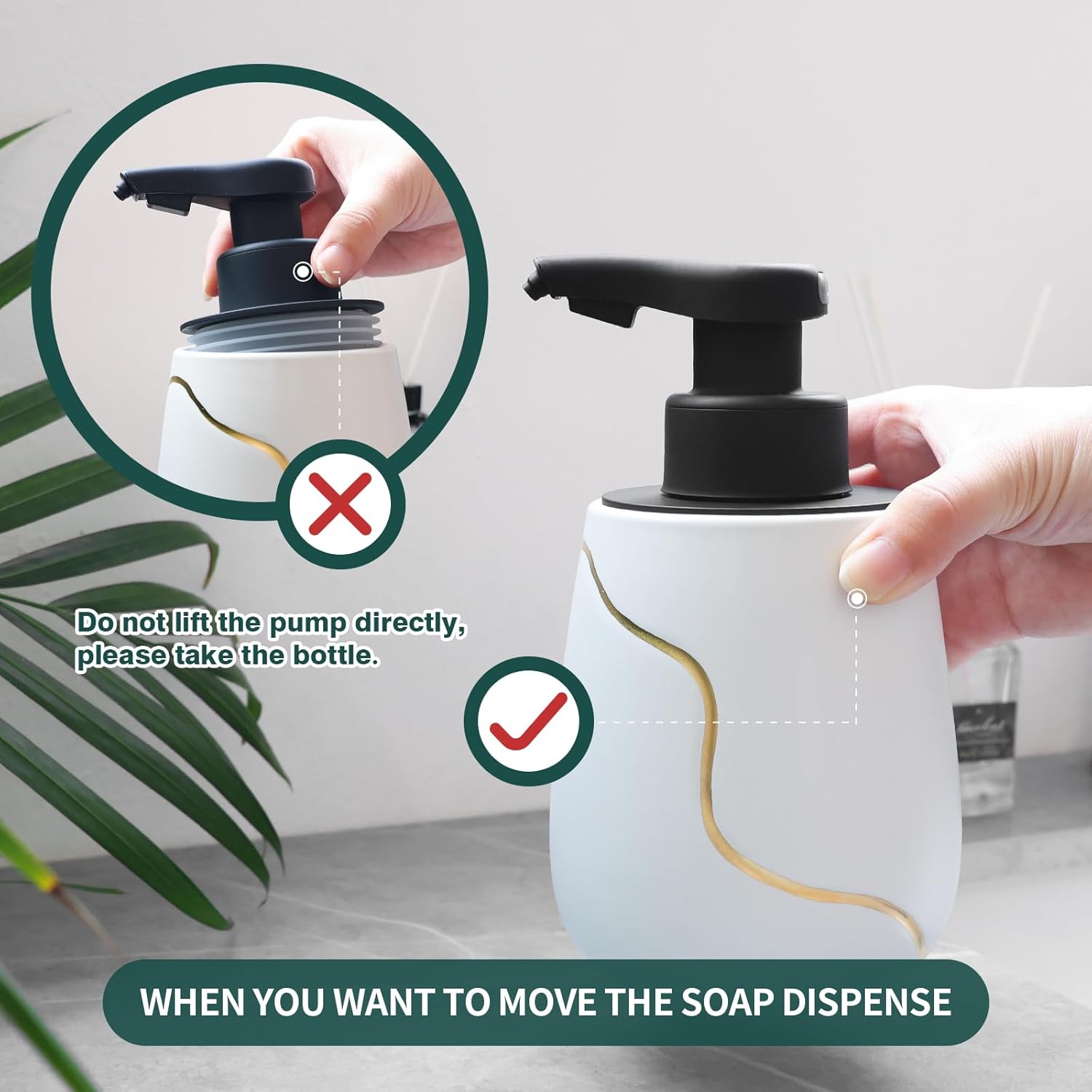 A handling guide for the BosilunLife Nordic Garden automatic soap dispenser. The infographic shows the correct way to move the 17 oz ceramic bottle by holding the body (check mark) instead of lifting by the sensor pump head (red X), ensuring the seal and internal mechanisms remain secure.