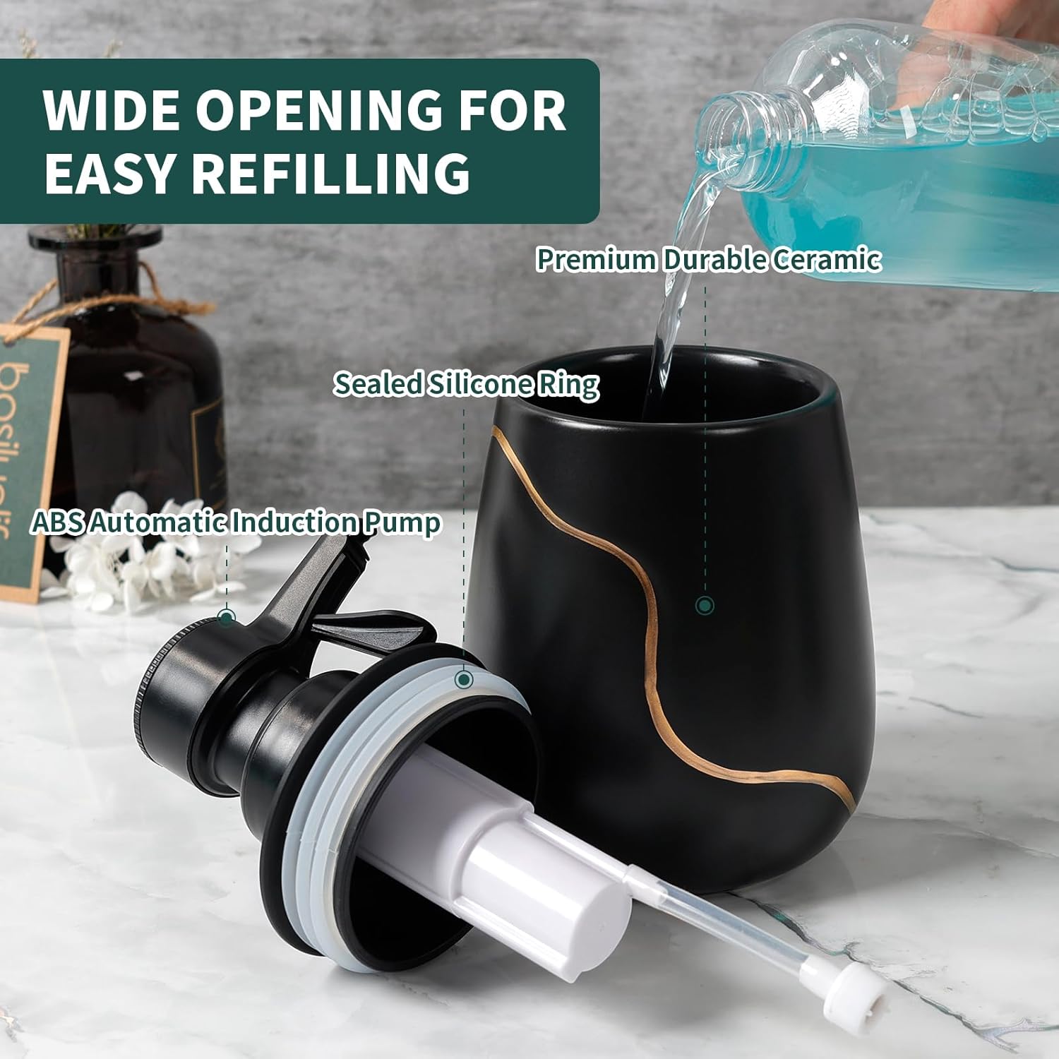 Refill guide for the matte black and gold BosilunLife Nordic Garden semi-automatic soap dispenser. The diagram shows liquid soap being poured into the premium durable ceramic bottle, highlighting the wide opening, leak-proof sealed silicone ring, and the ABS semi-automatic induction pump mechanism.