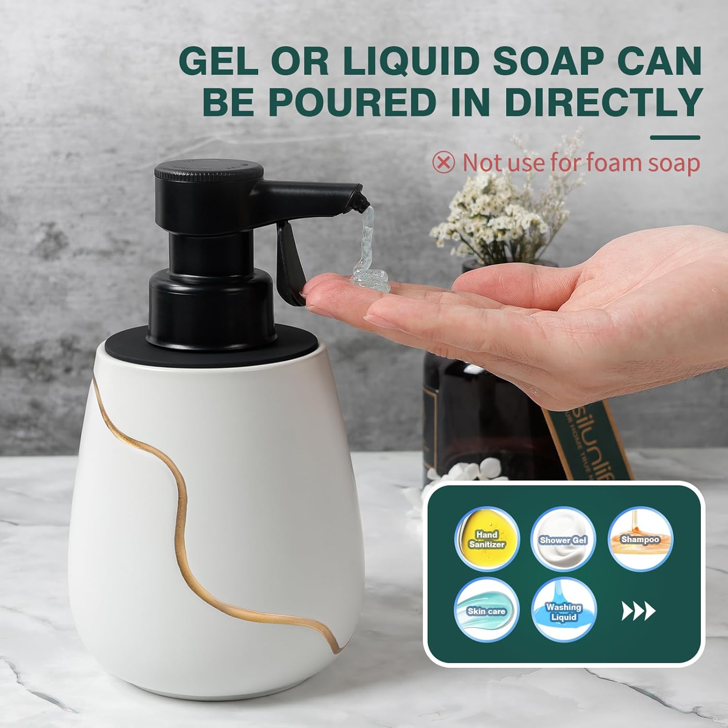 Instructional compatibility guide for the white and gold BosilunLife semi-automatic liquid dispenser. The diagram demonstrates how gel or liquid soap can be poured directly—not foam—and shows compatibility with hand sanitizer, shower gel, shampoo, skin care lotions, and dish washing liquid.