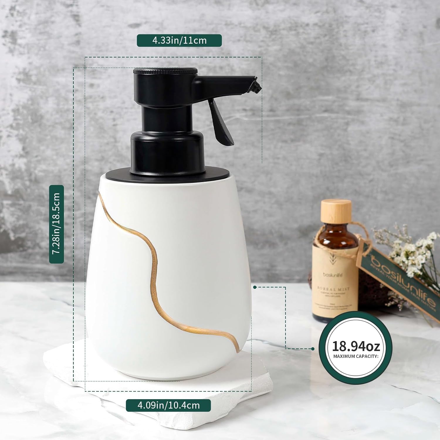 Dimensions and capacity diagram for the BosilunLife Nordic Garden white and gold semi-automatic liquid soap dispenser. The recycled eco-clay bottle has a maximum capacity of 18.94 oz and measures 7.28 inches tall by 4.09 inches wide, featuring a 4.33-inch wide manual pump.