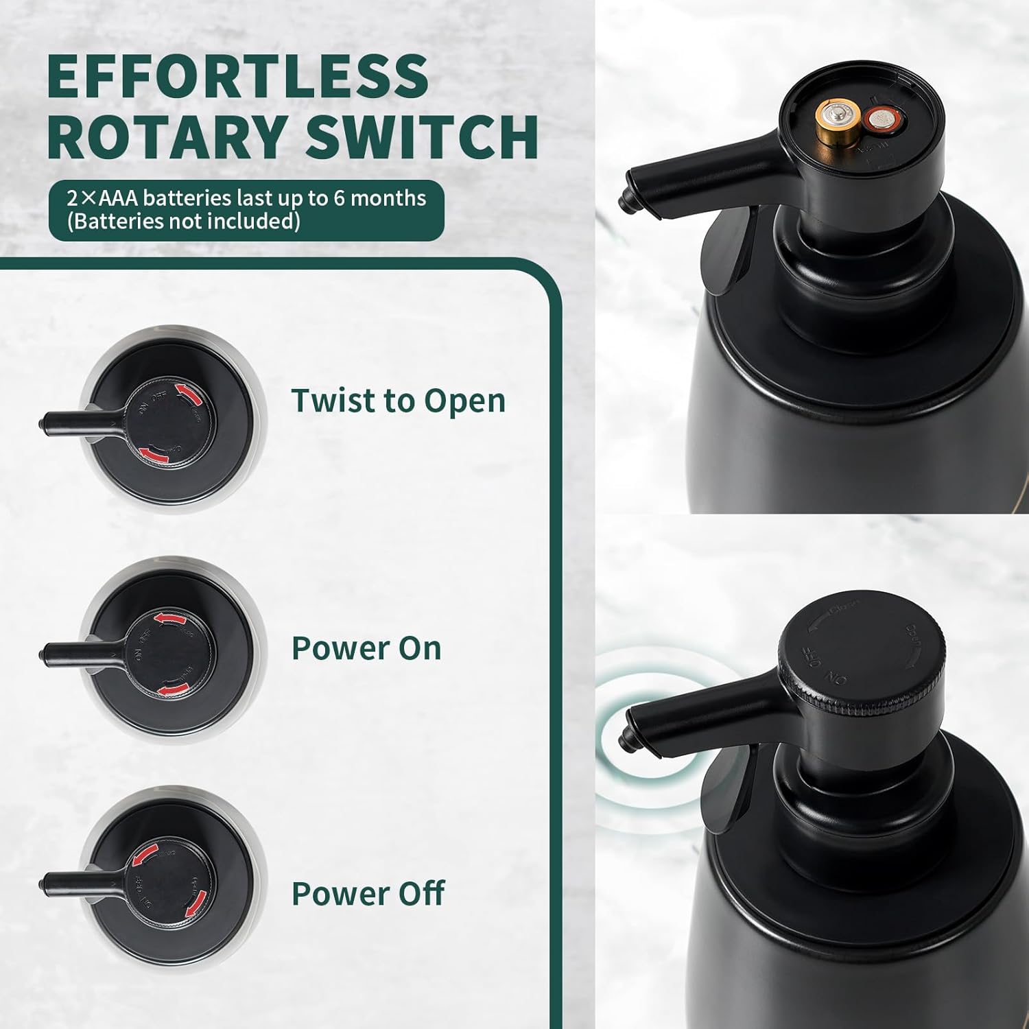 User guide for the BosilunLife semi-automatic soap dispenser, featuring an effortless rotary switch on the black pump head. The diagram illustrates how to twist the top to open the battery compartment, which uses 2 AAA batteries lasting up to 6 months, with clear power on and power off positions.