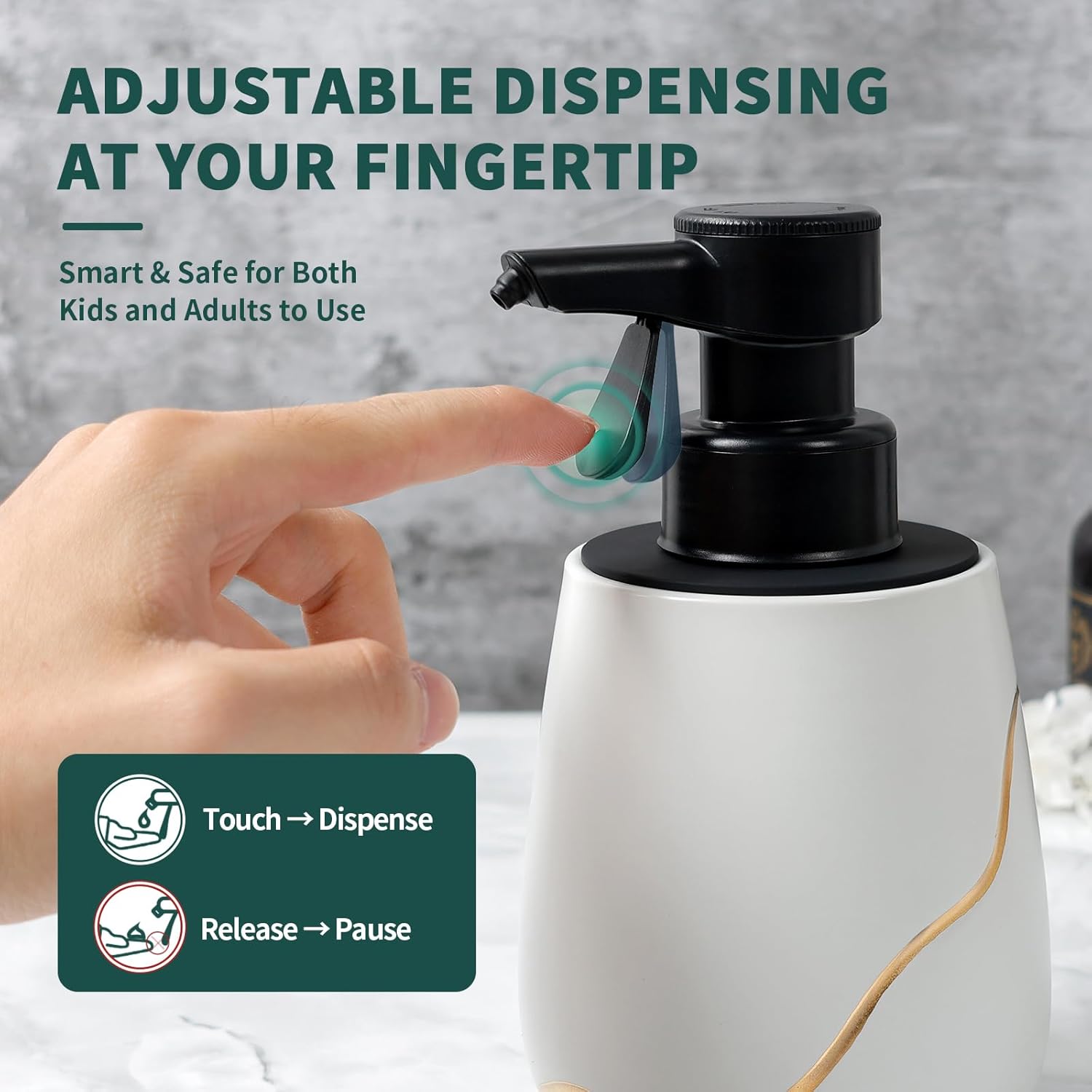 Demonstration of the BosilunLife semi-automatic soap dispenser's adjustable touch control. The diagram shows how a finger press on the black pump lever dispenses soap, while releasing the lever immediately pauses the flow, making it safe and easy for both kids and adults.