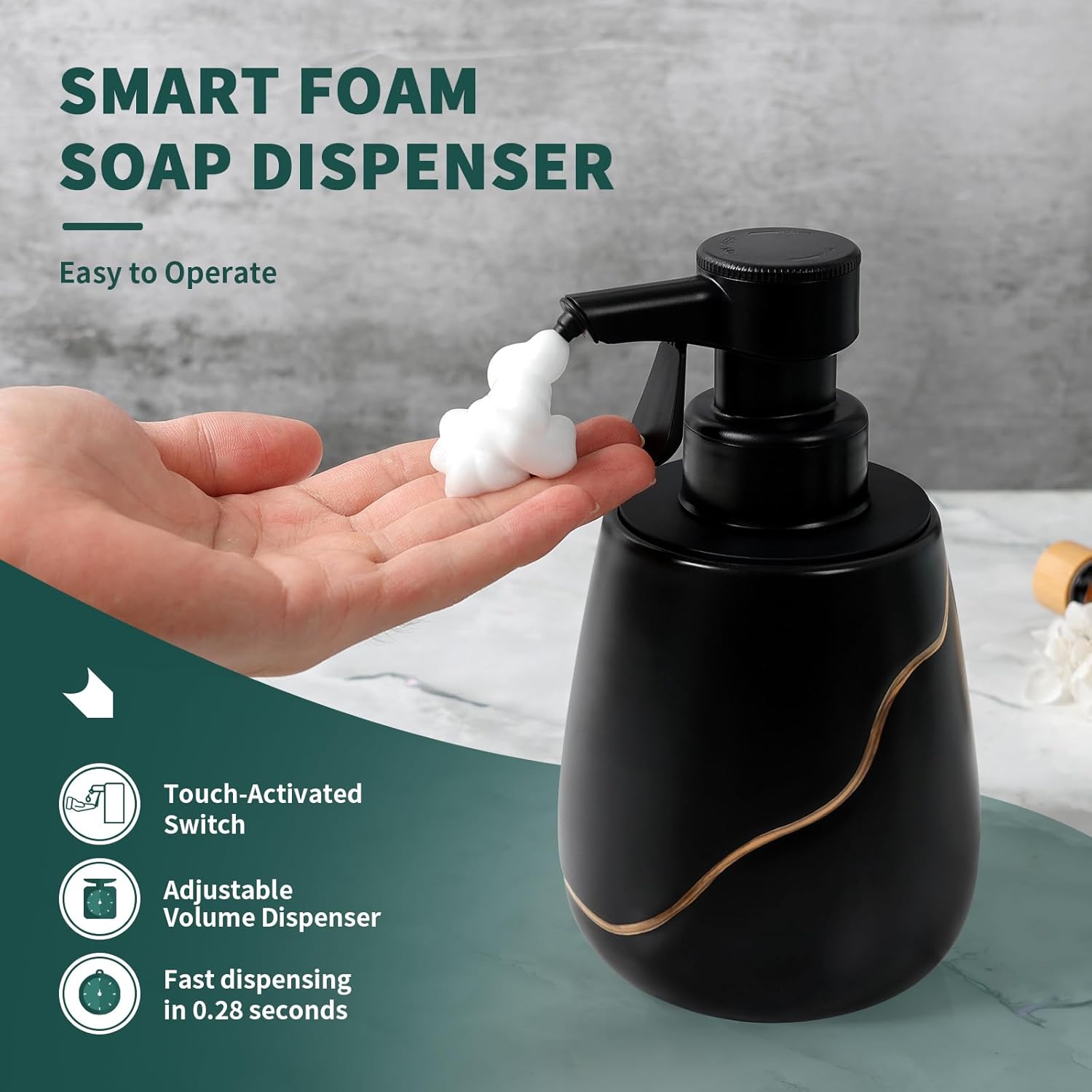 Feature guide for the matte black and gold BosilunLife smart foaming soap dispenser. The diagram highlights the touch-activated switch, adjustable volume control, and ultra-fast foam dispensing in 0.28 seconds from the 17 oz recycled eco-clay ceramic bottle.