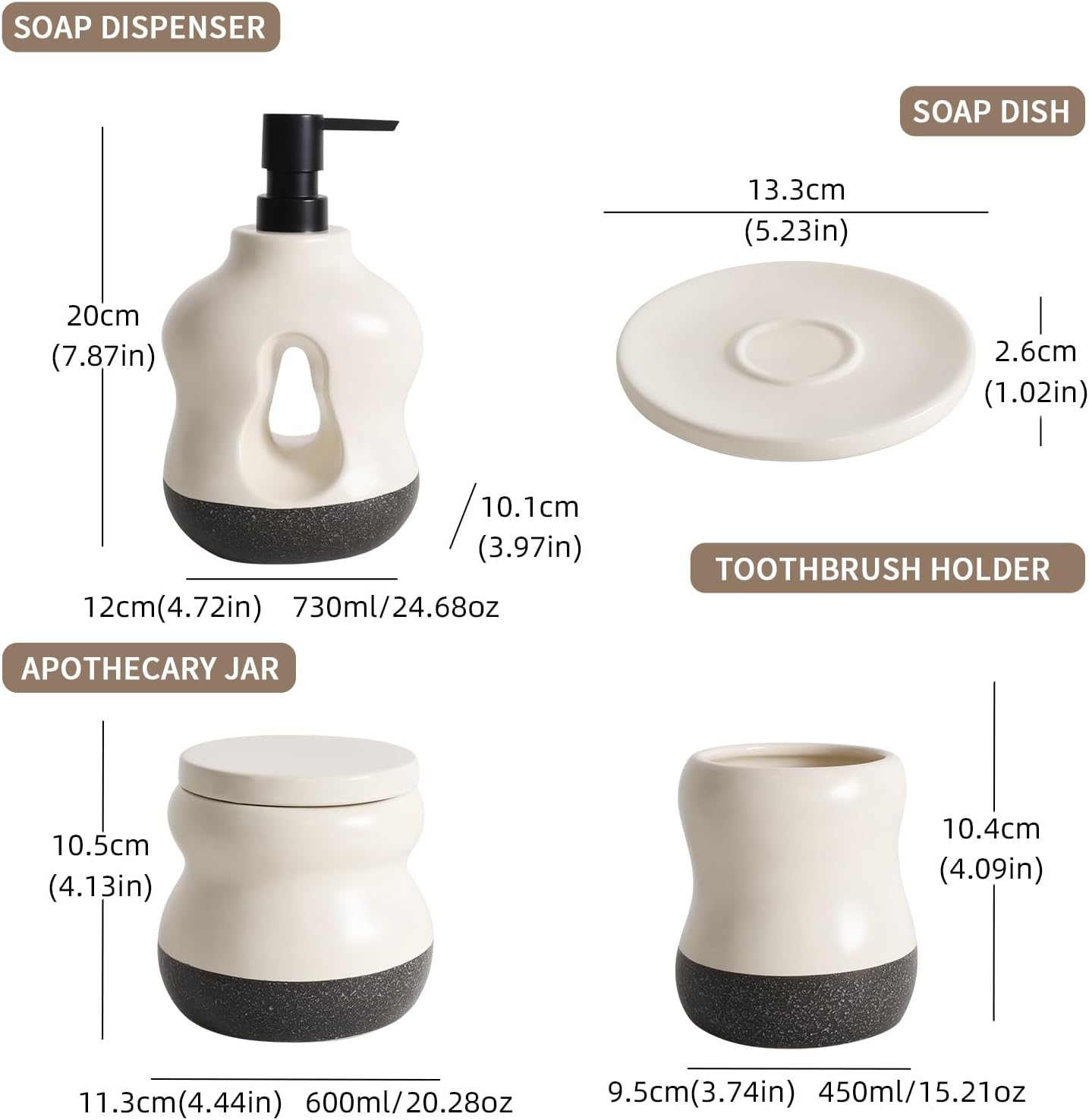 Technical dimension chart for the BosilunLife Pebblebase 4-piece bathroom accessory set in two-tone ecru and dark speckled recycled eco-clay. Features exact measurements and capacities for the sculptural liquid soap dispenser (20 centimetres tall, 730 ml / 24.68 oz), the round soap dish (13.3 centimetres wide), the lidded apothecary jar (10.5 centimetres tall, 600 ml / 20.28 oz), and the toothbrush holder (10.4 centimetres tall, 450 ml / 15.21 oz).