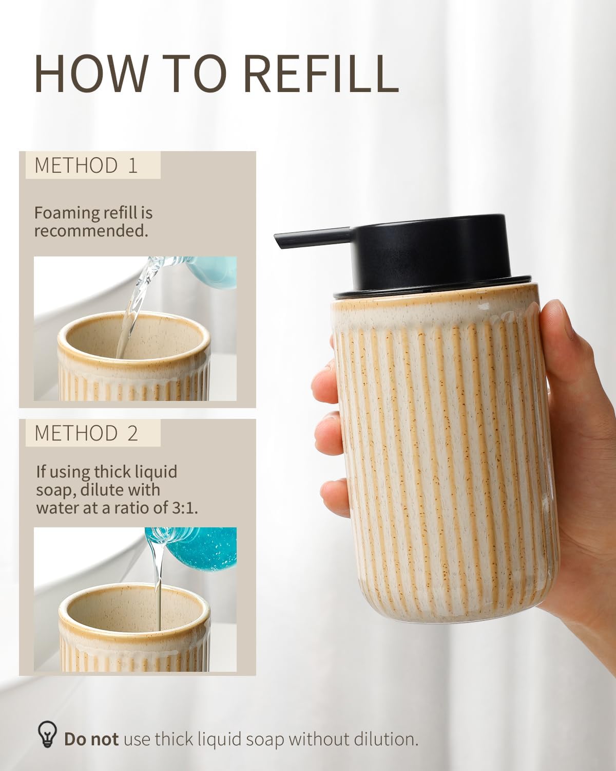A 'How to Refill' guide for the BosilunLife Pockmark foaming soap dispenser. Method 1 recommends using a pre-mixed foaming soap refill. Method 2 explains how to dilute thick liquid soap with water at a ratio of 3:1 to ensure a rich lather and prevent pump clogging in the greige recycled eco-clay bottle.