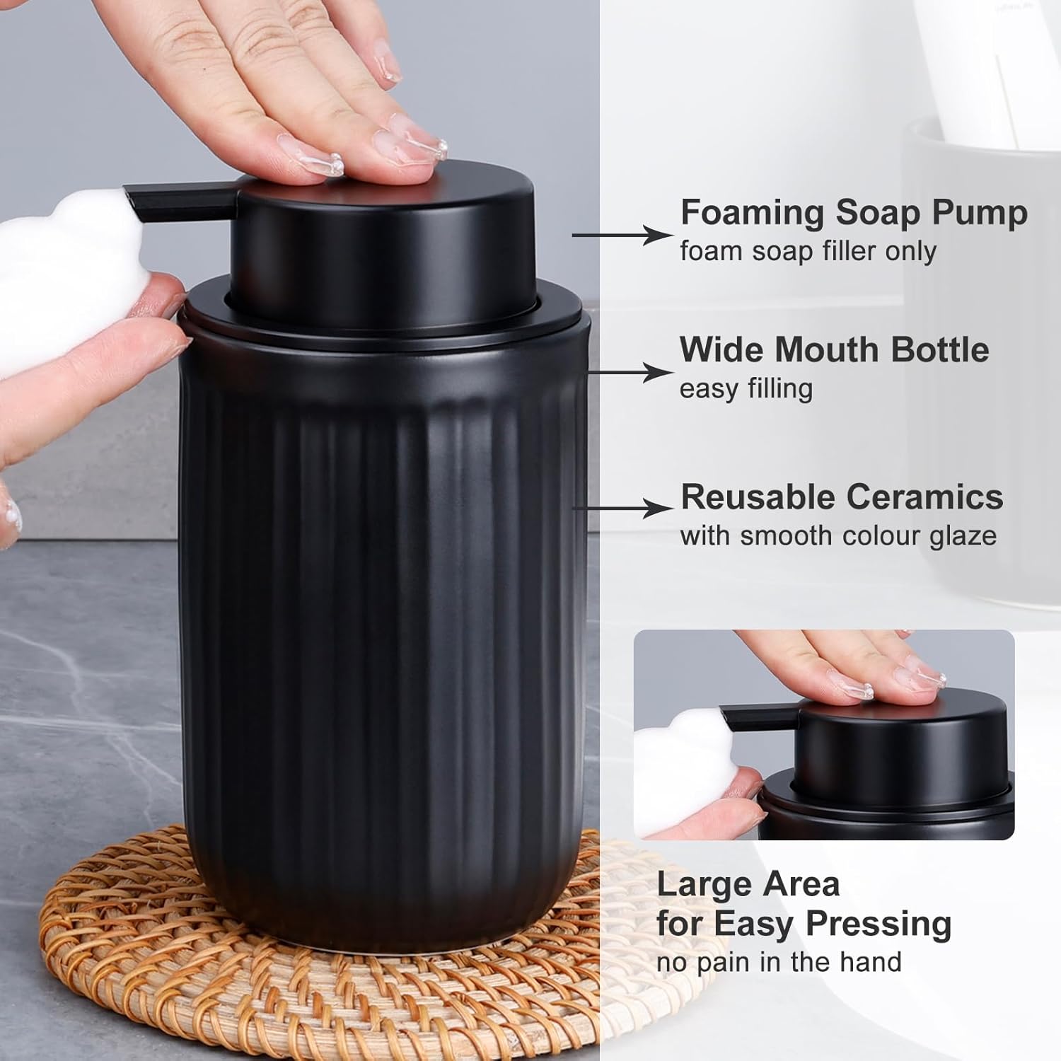 Feature infographic of the BosilunLife matte black foaming soap dispenser in reusable ceramic. The guide highlights the wide mouth bottle for easy filling, the specialized foaming soap pump, and the large-surface matte black pump head designed for easy pressing and hand comfort.