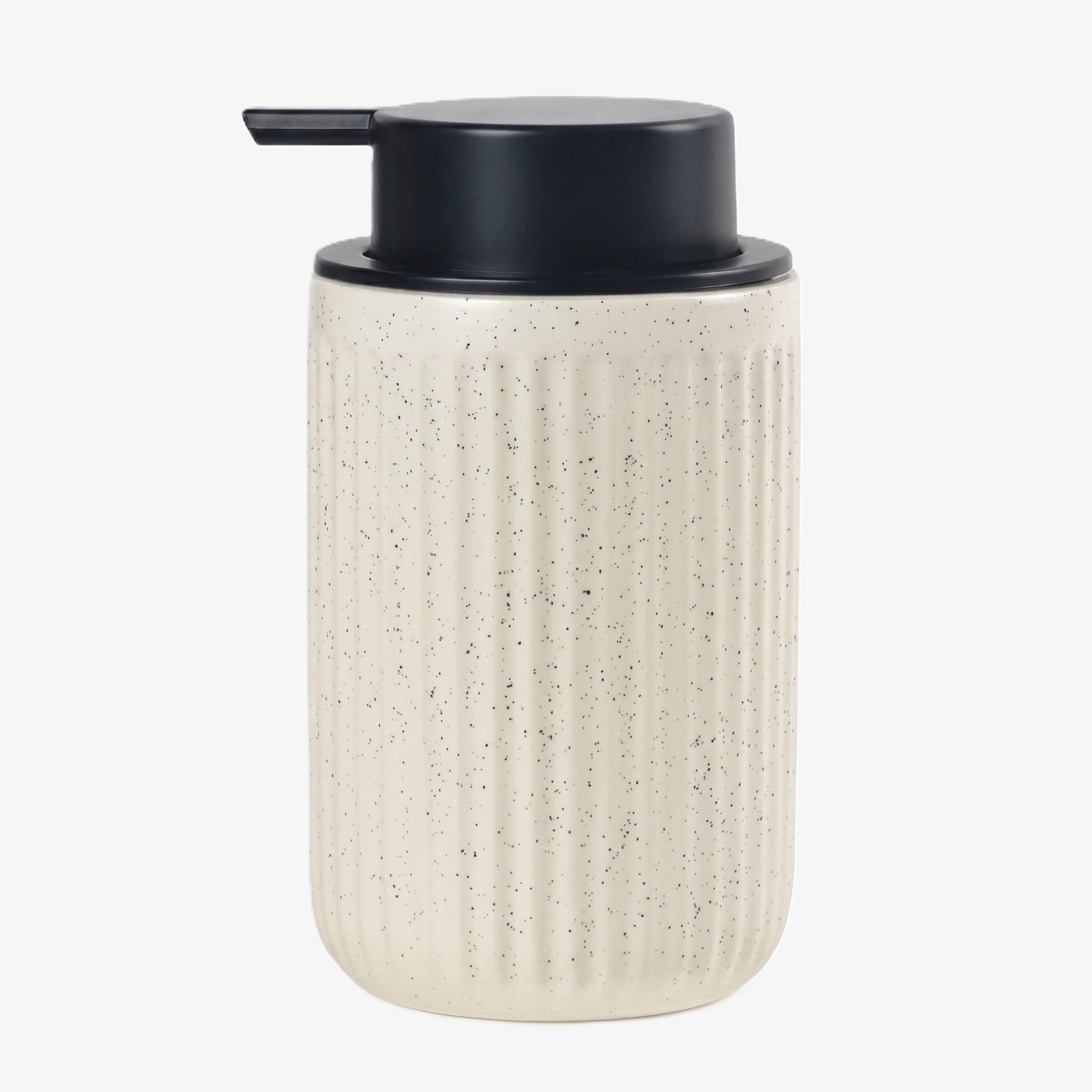 BosilunLife Pockmark 12 oz foaming soap dispenser in speckled beige recycled eco-clay. Features a vertically ribbed, volcanic stone texture with a contrasting matte black pump, perfect for organic modern bathroom decor.
