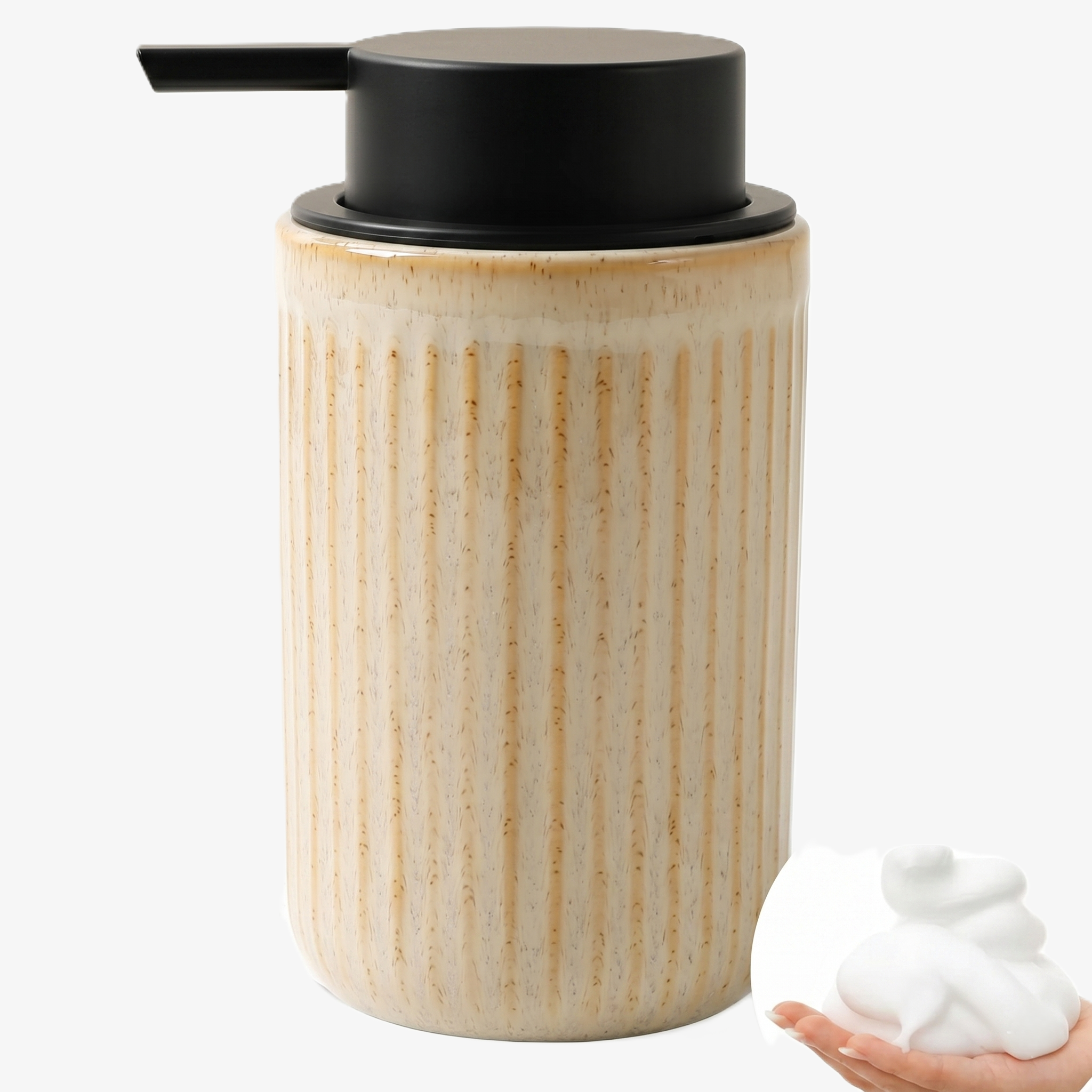 BosilunLife Pockmark 12 oz foaming soap dispenser in greige recycled eco-clay. Features a vertically ribbed volcanic stone texture with a contrasting matte black pump and an inset showing thick white foam in a hand.